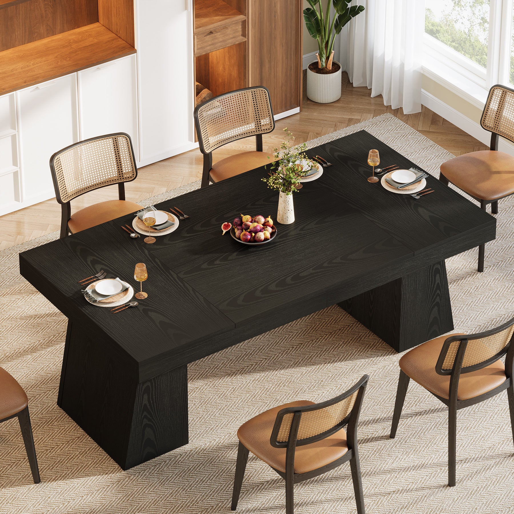 55 Inch Farmhouse Double Pedestal Dining Table, Rectangular Table for 4-6 in Small Spaces