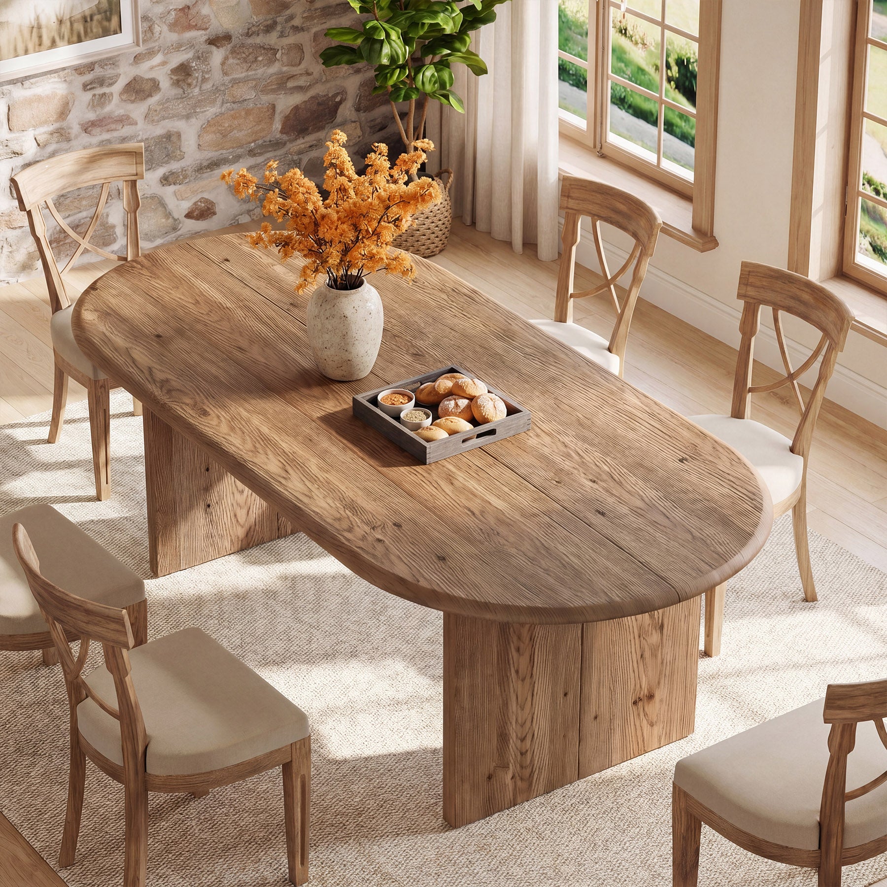 63" Solid Wood Dining Table for 6, Oval Kitchen Table with Storage for Dining Room