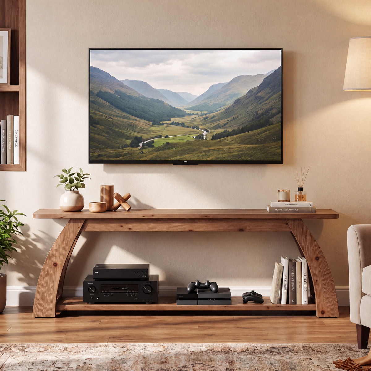 63" Solid Wood TV Stand for up to 75" TVs, 2-Tier Entertainment Center with Open Storage