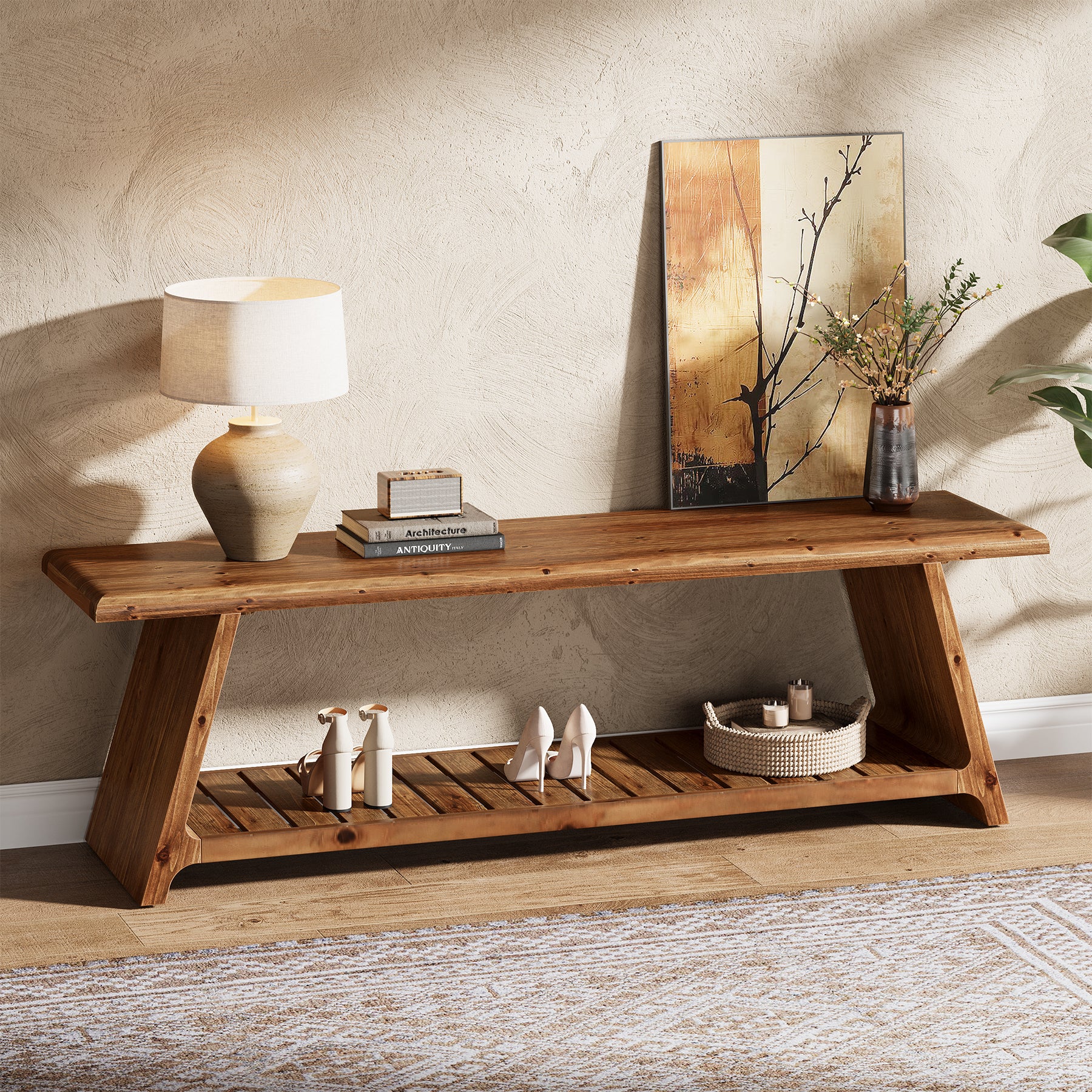 63" Solid Wood Entryway Bench, Narrow Shoe Bench Seat with Storage