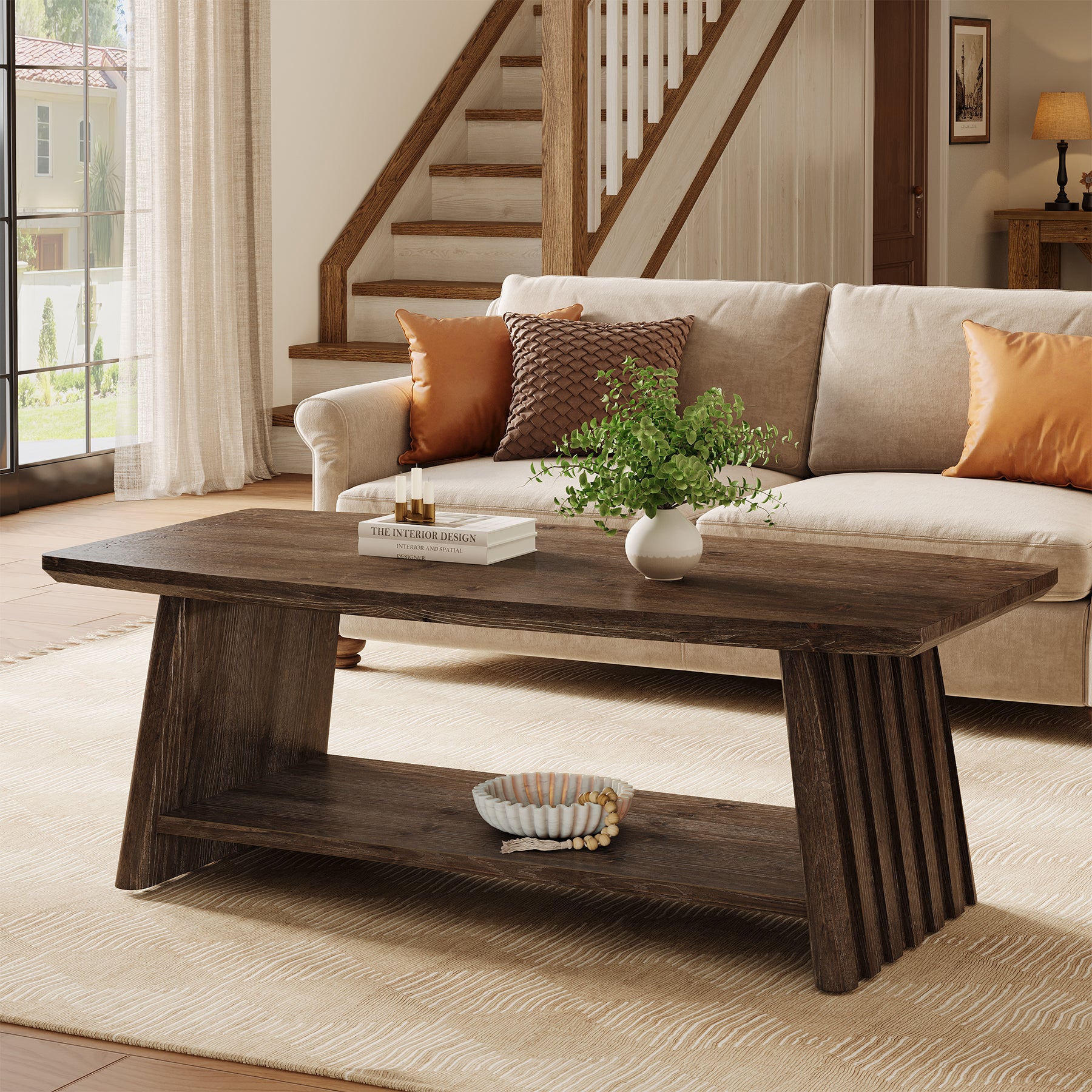 47" Solid Wood Coffee Table, 2-Tier Center Table with Unique Fluted Panels
