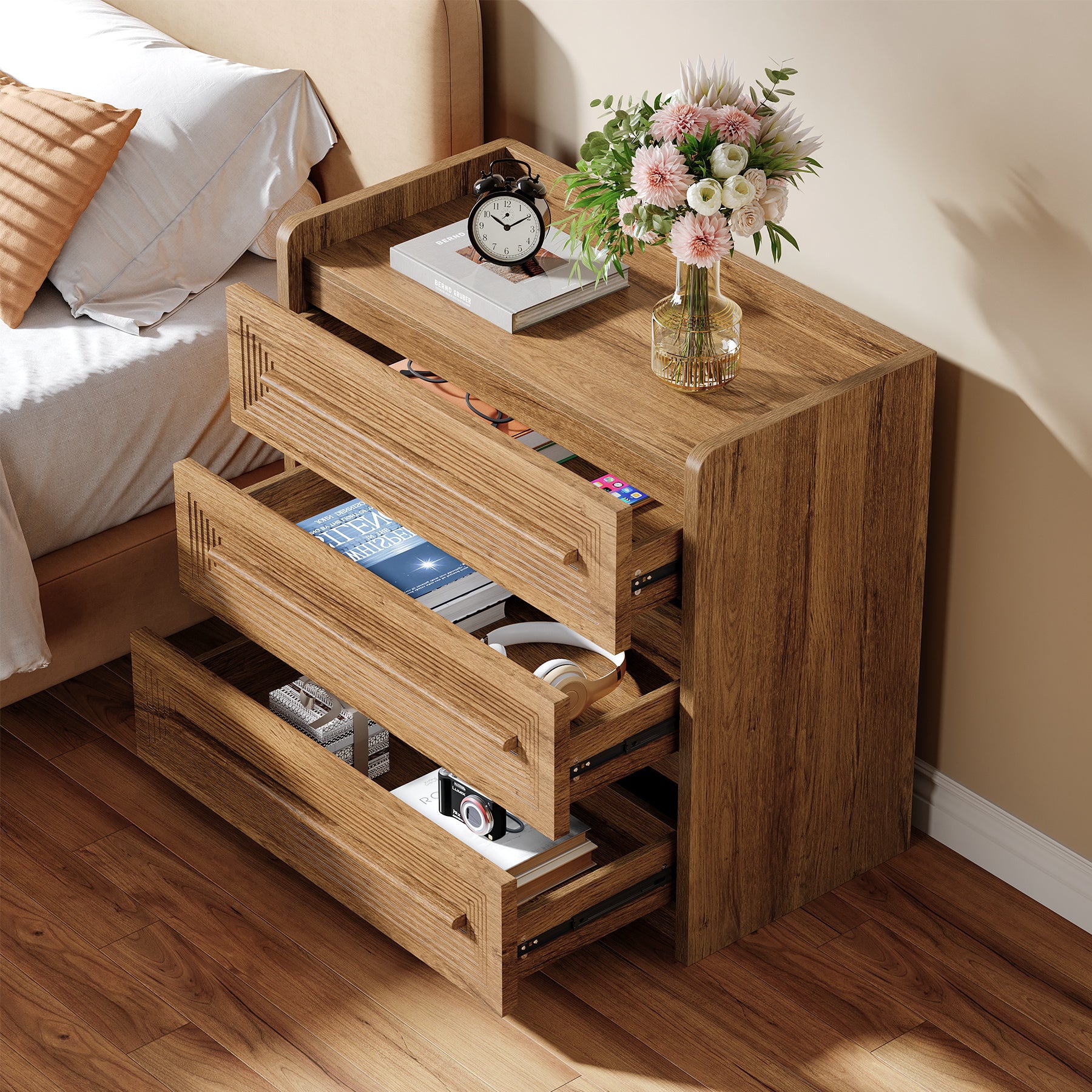 3-Drawer Nightstand, 32" Large Bedside Table Oversized End Table