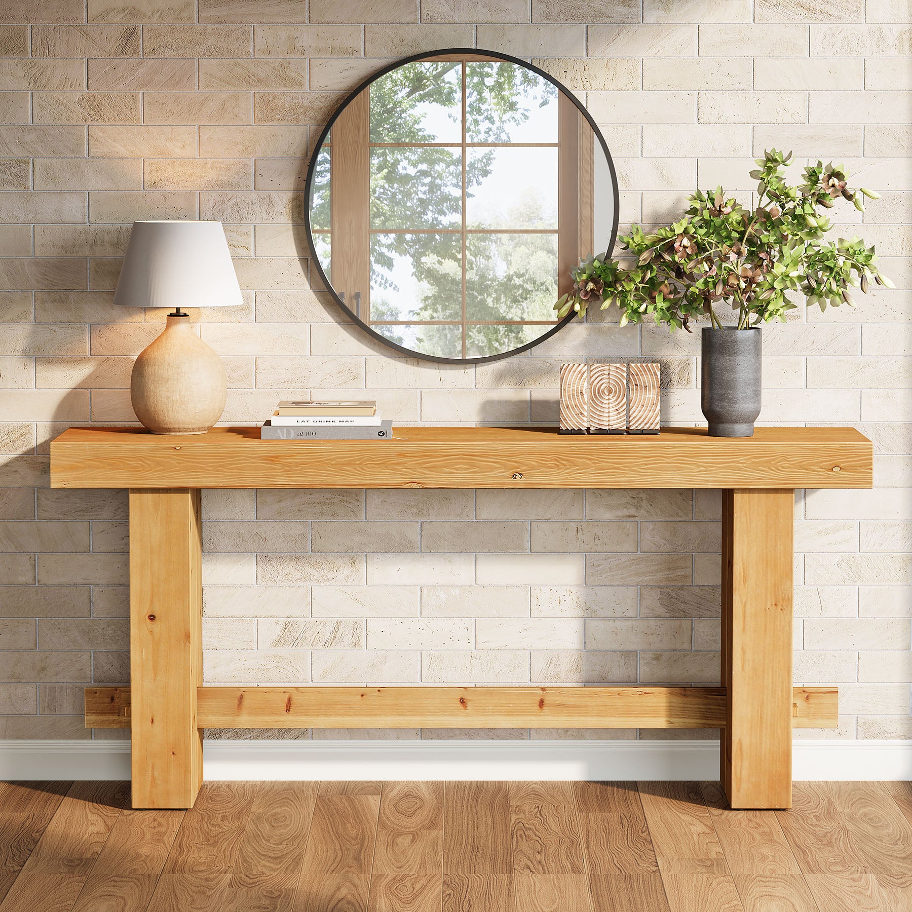 Solid Wood Console Table, 63" Sofa Entryway Table with Stable Leg