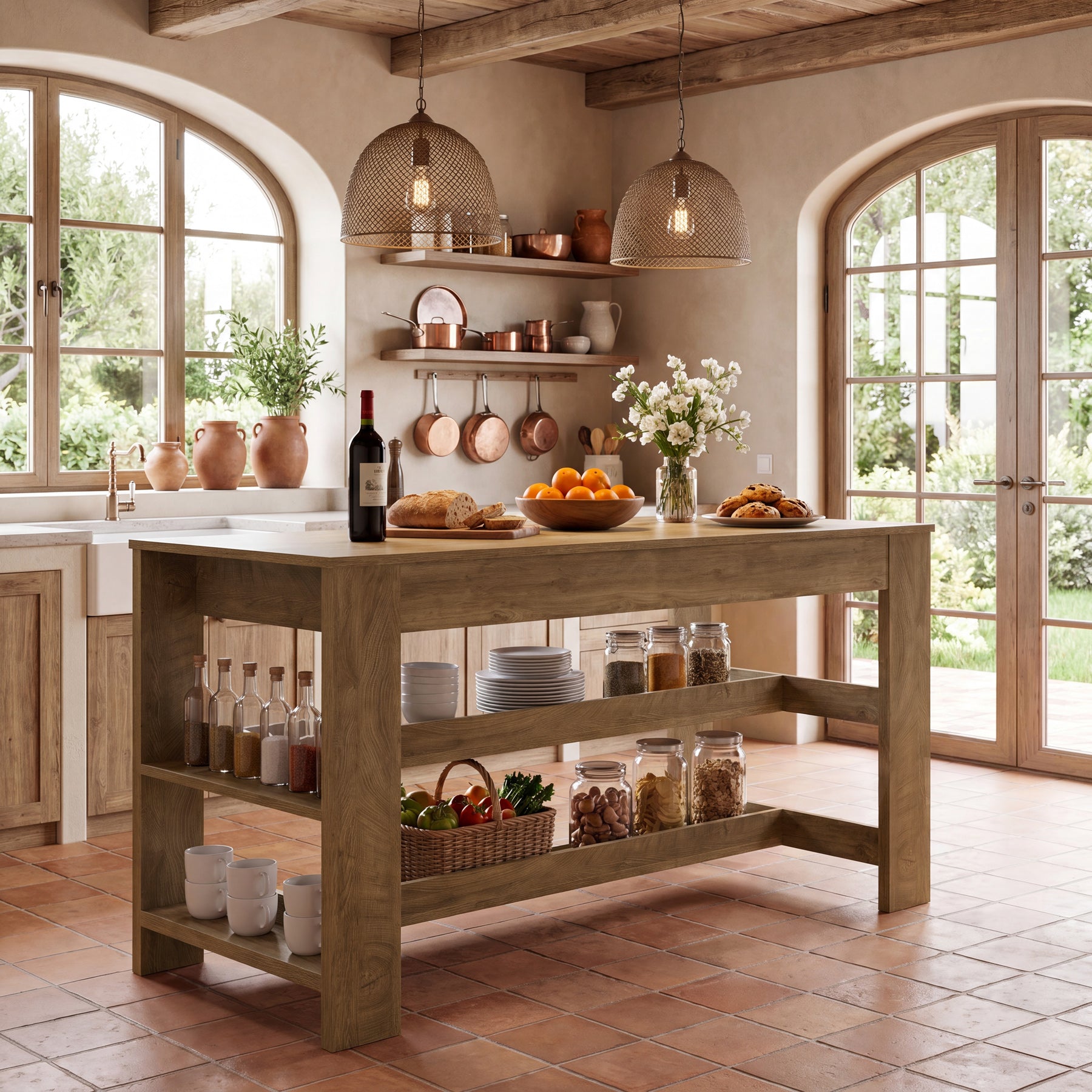 55" Farmhouse Kitchen Island with 2 Drawers & Open Storage Shelves, Stationary Kitchen Island Table