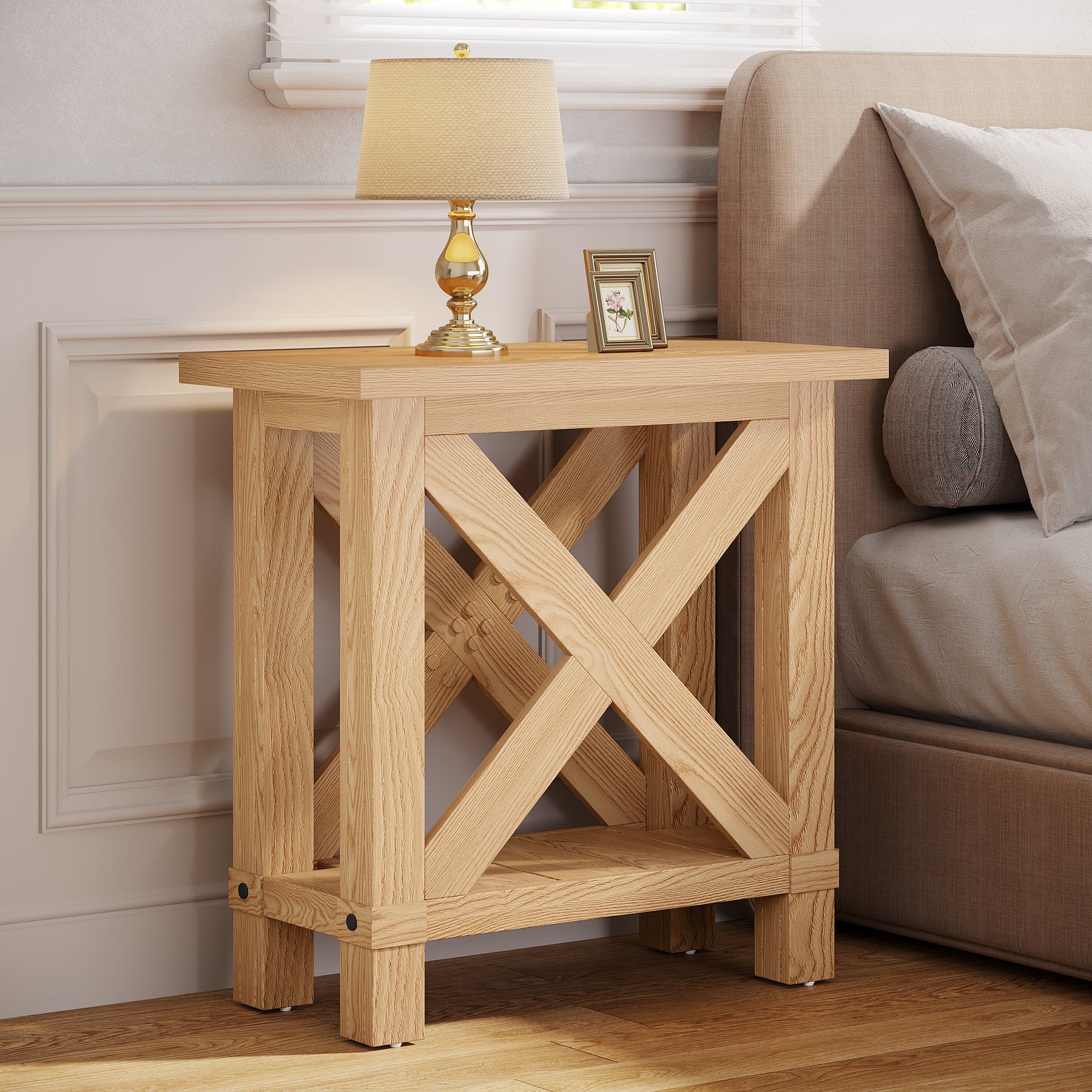 25" End Table, Farmhouse Bed Side Table with X Shape Frame