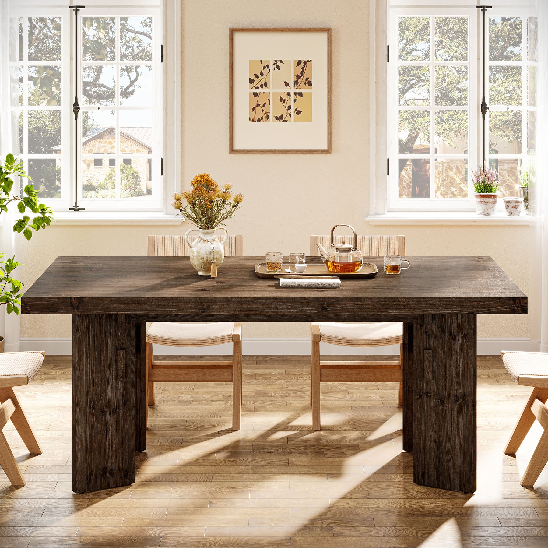 Solid Wood Dining Table for 4-6 People, 63" Rectangular Kitchen Table