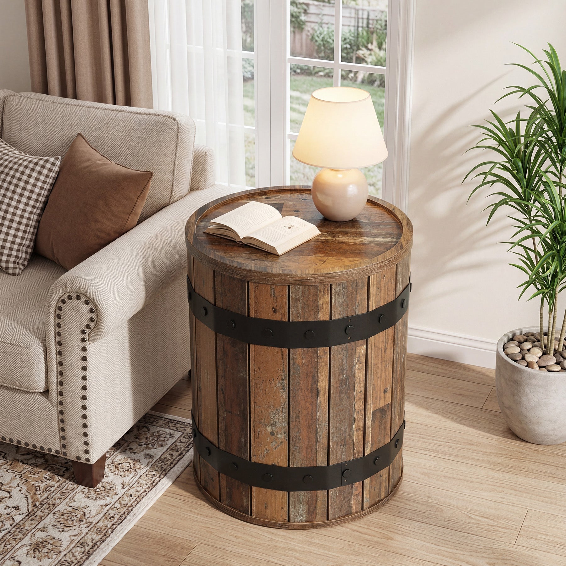 19.68" Barrel Side Table with Hidden Storage, Round Wood End Table with Lid for Living Room and Bedroom