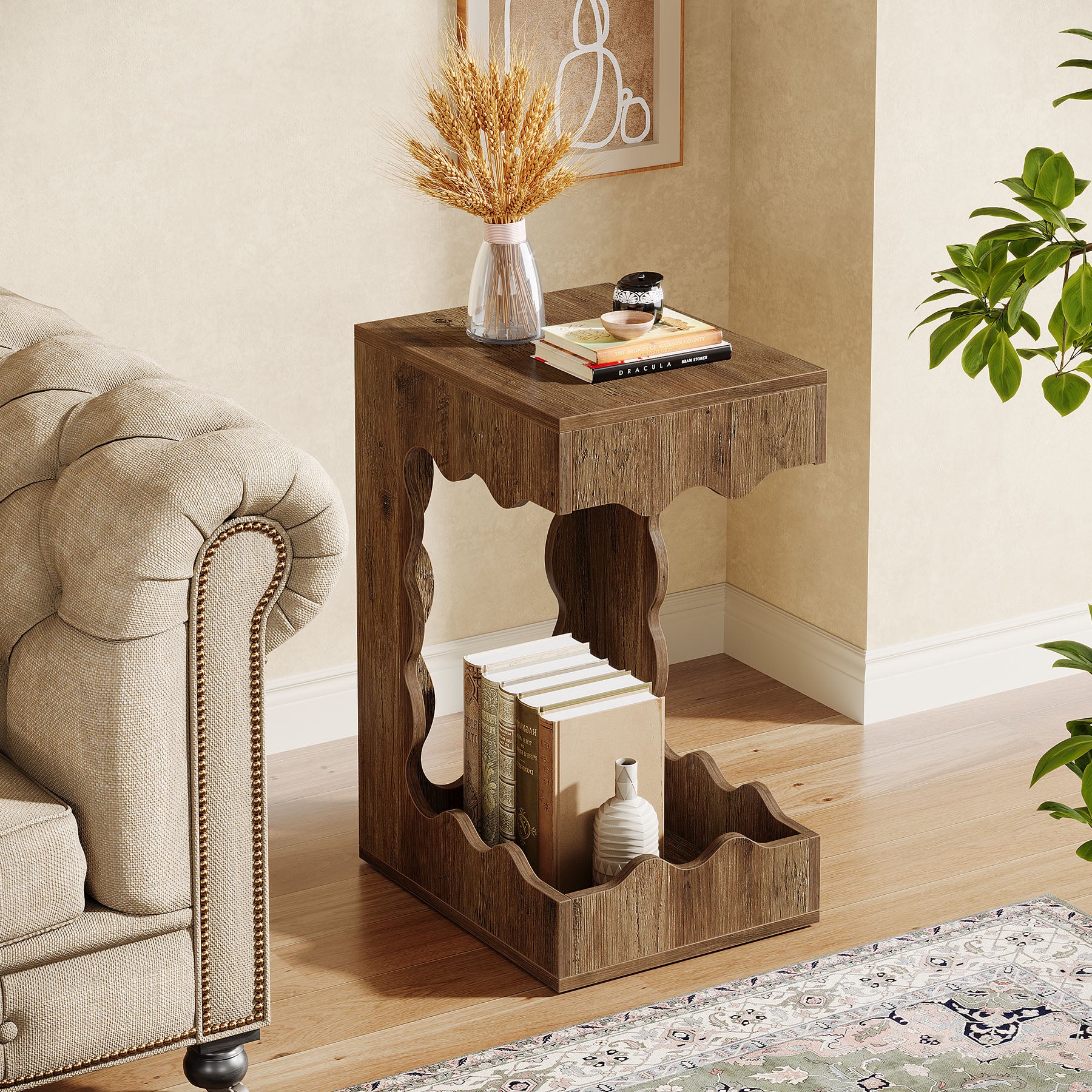 C-Shaped End Table, 2-Tier Side Table Farmhouse Nightstand