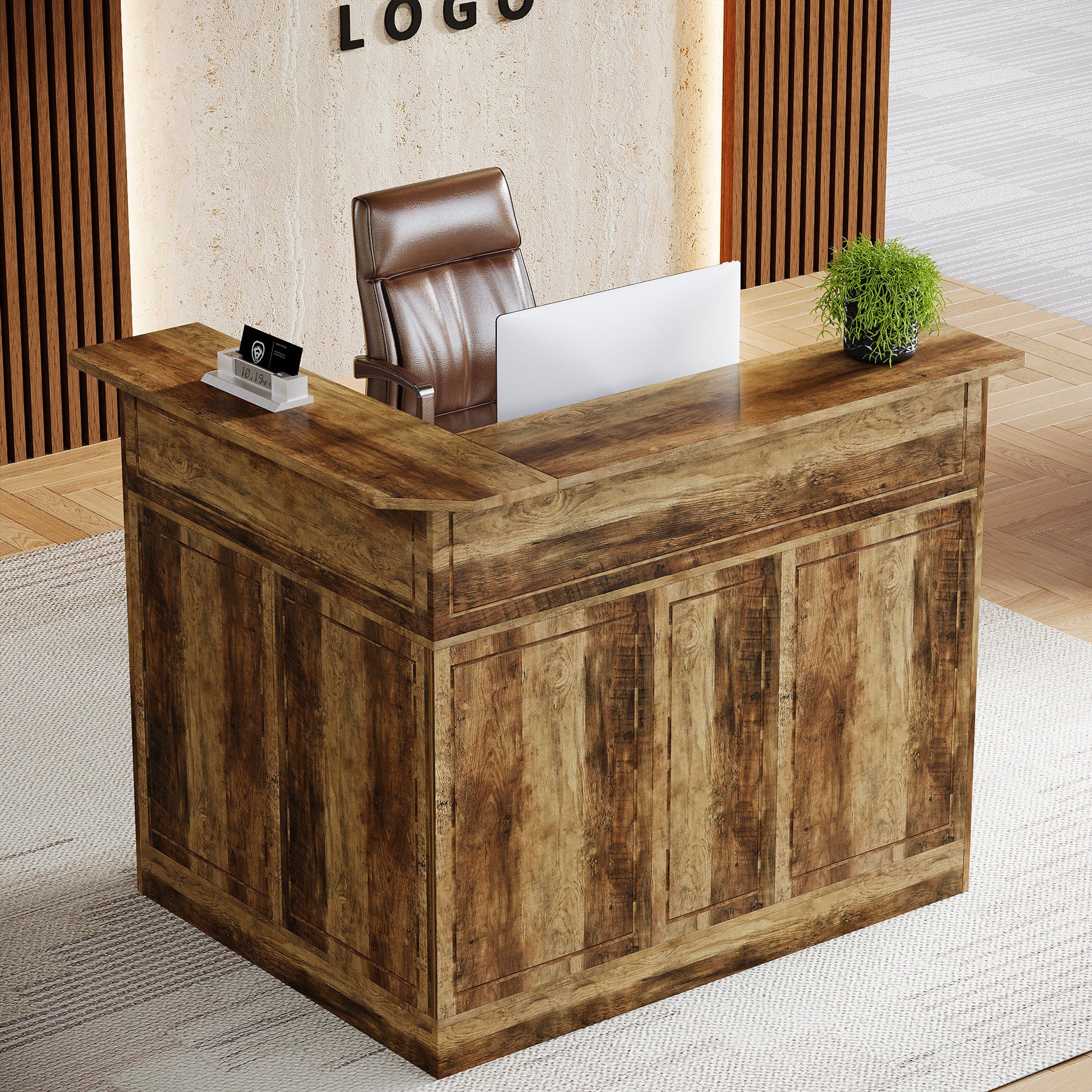 L-Shaped Reception Desk with Storage Shelves, Modern Front Desk for Small Office or Salon