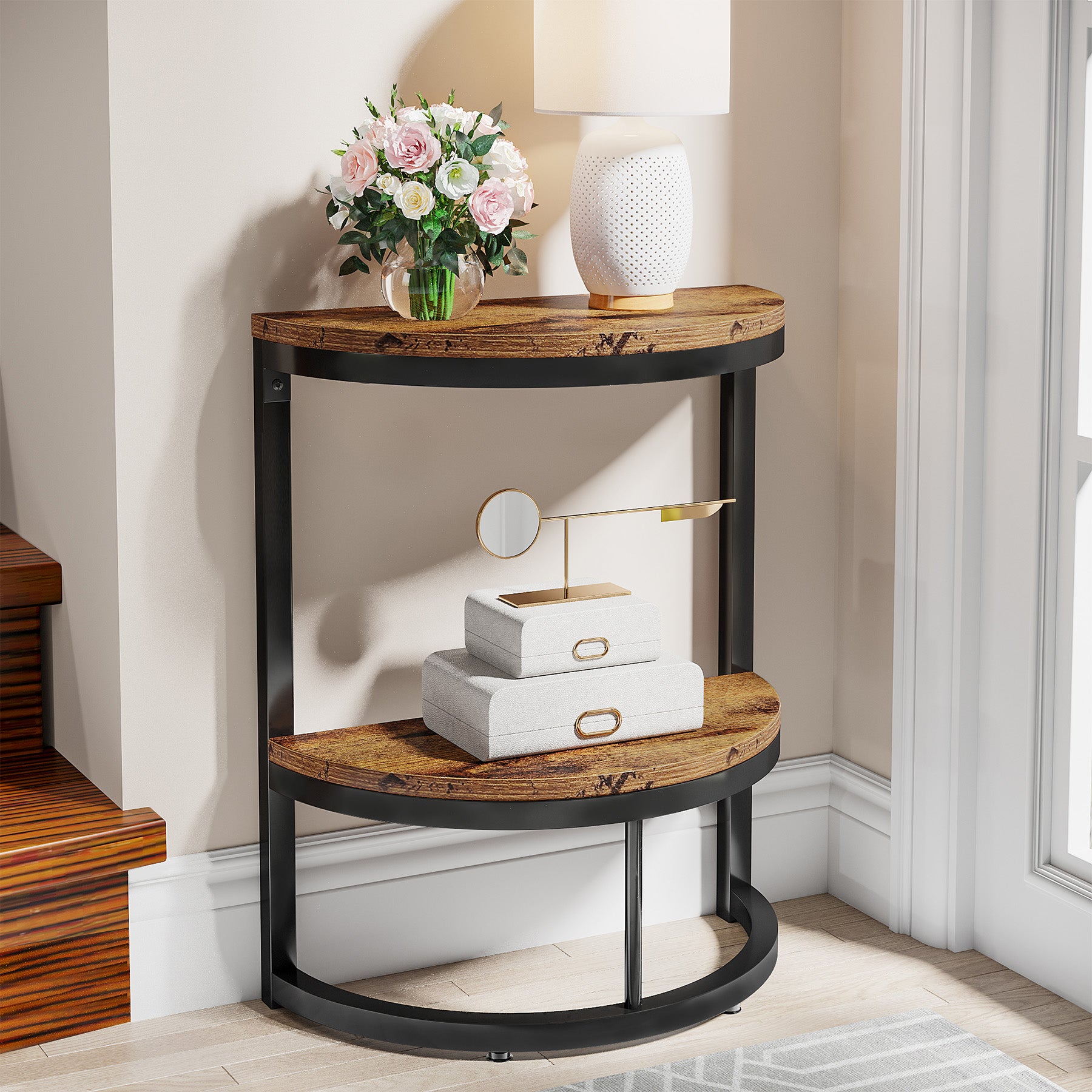 Half Round End Table, Narrow Side Table with Metal Frame