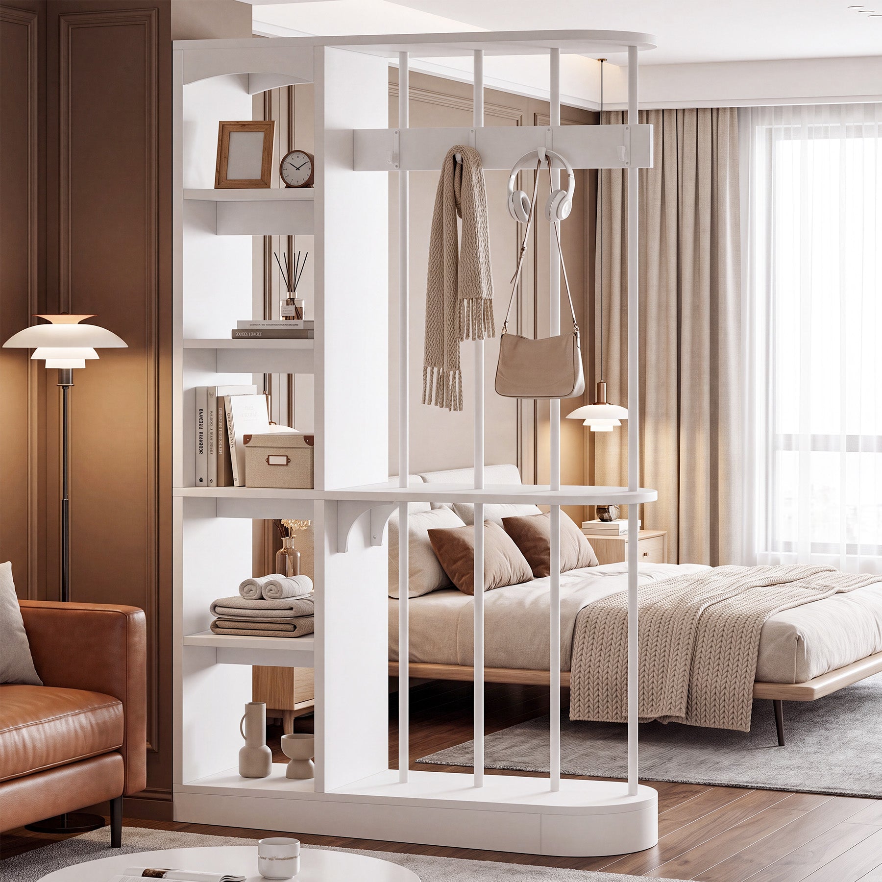 70.9" Wall Room Divider, Modern Wall Partition with Storage Shelves & 4 Hooks