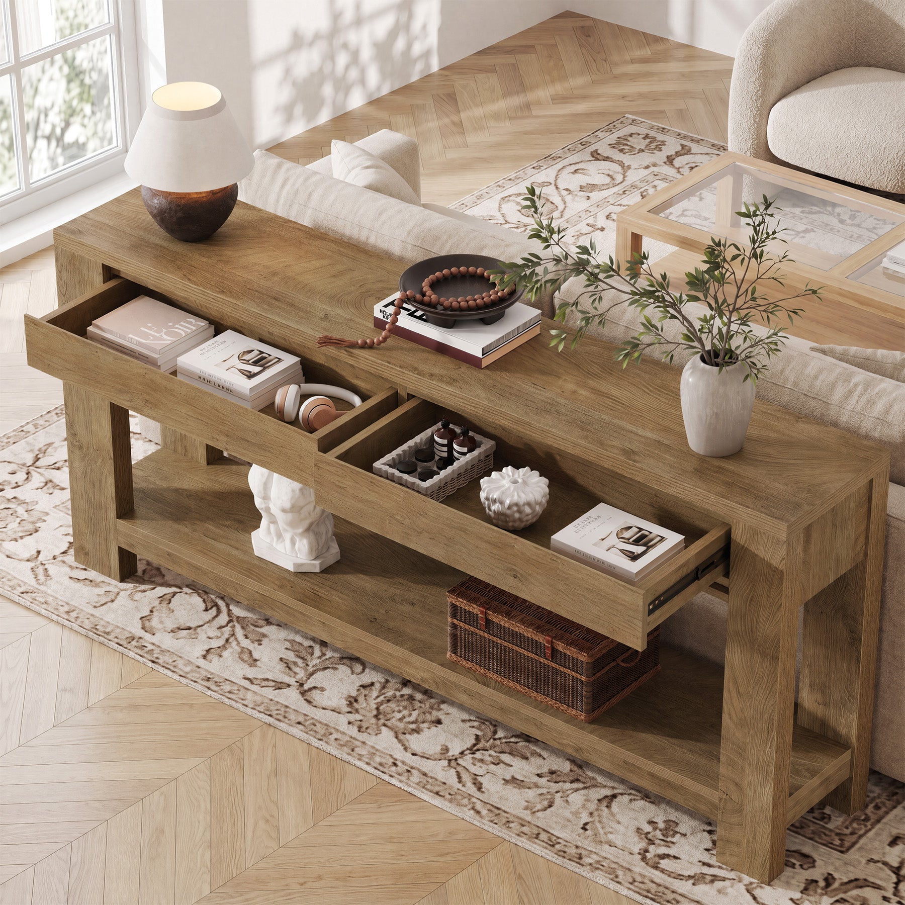 63" Console Table with 2 Storage Drawers, Farmhouse Entryway Table with Open Shelf