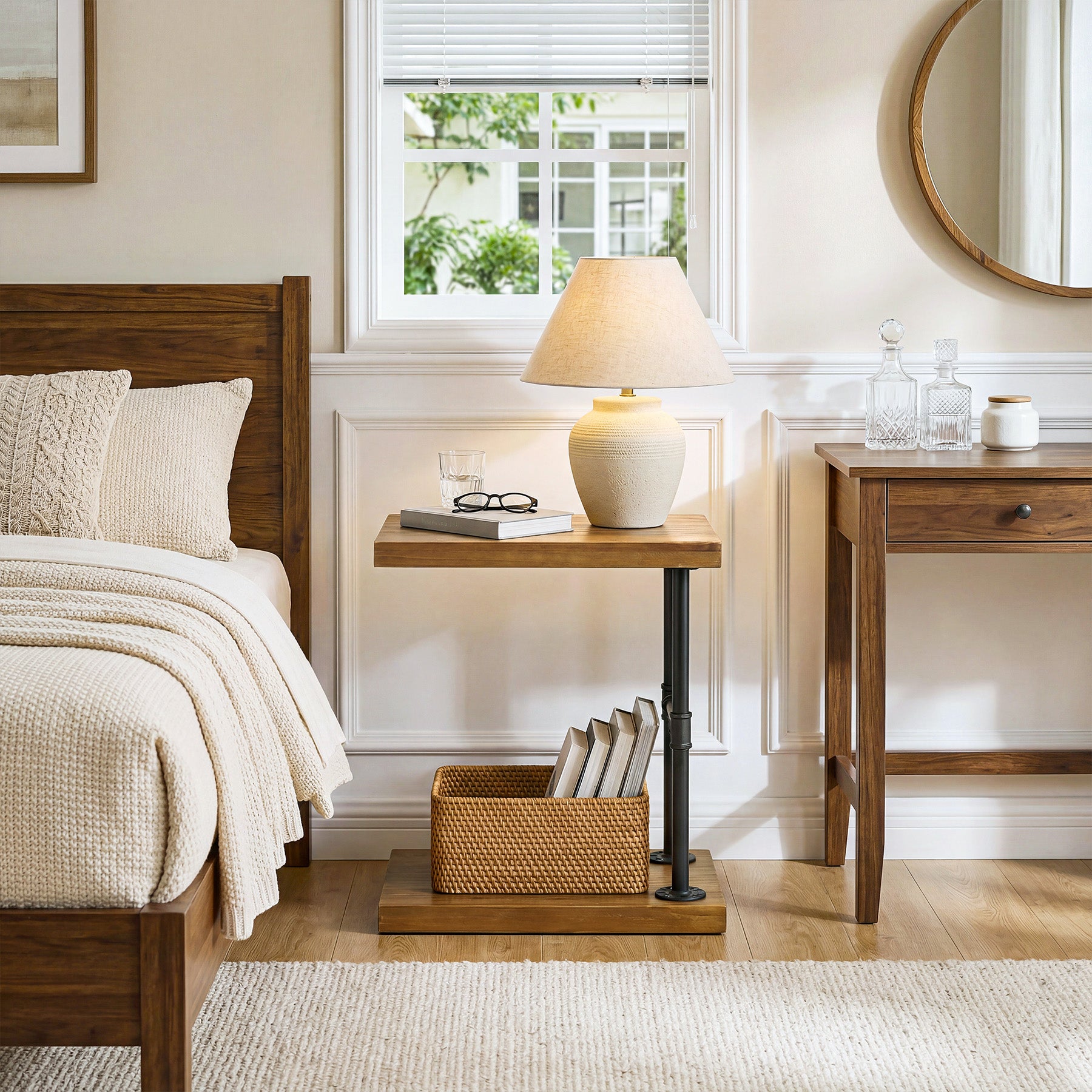 Tribesigns Narrow Solid Wood Nightstand, C-Shaped Bedside Table for Bedroom