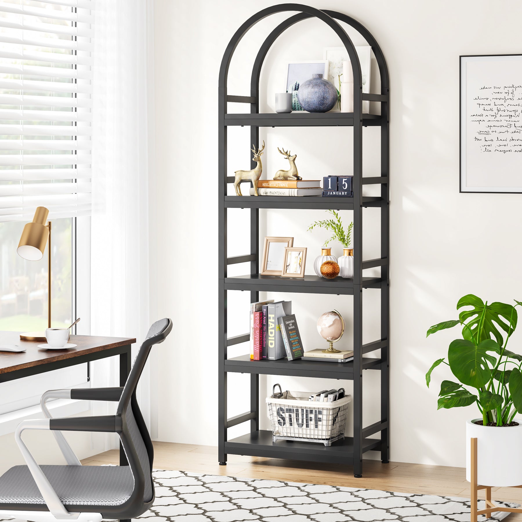4-Tier / 5-Tier Bookshelf, Arched Bookcase Display Rack with Storage Shelves
