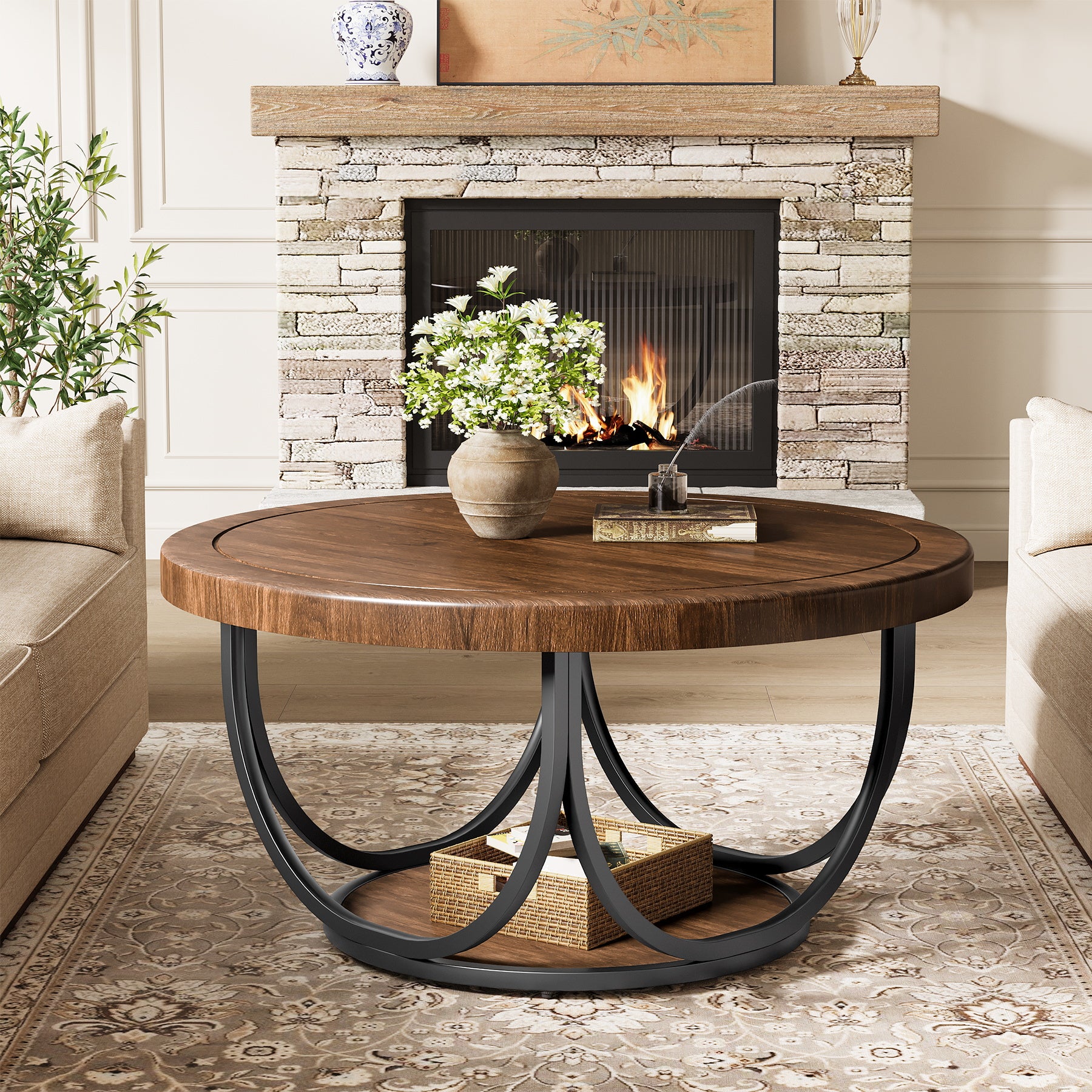 Round Coffee Table, 35.4" Circle Accent Cocktail Table with Storage Shelf