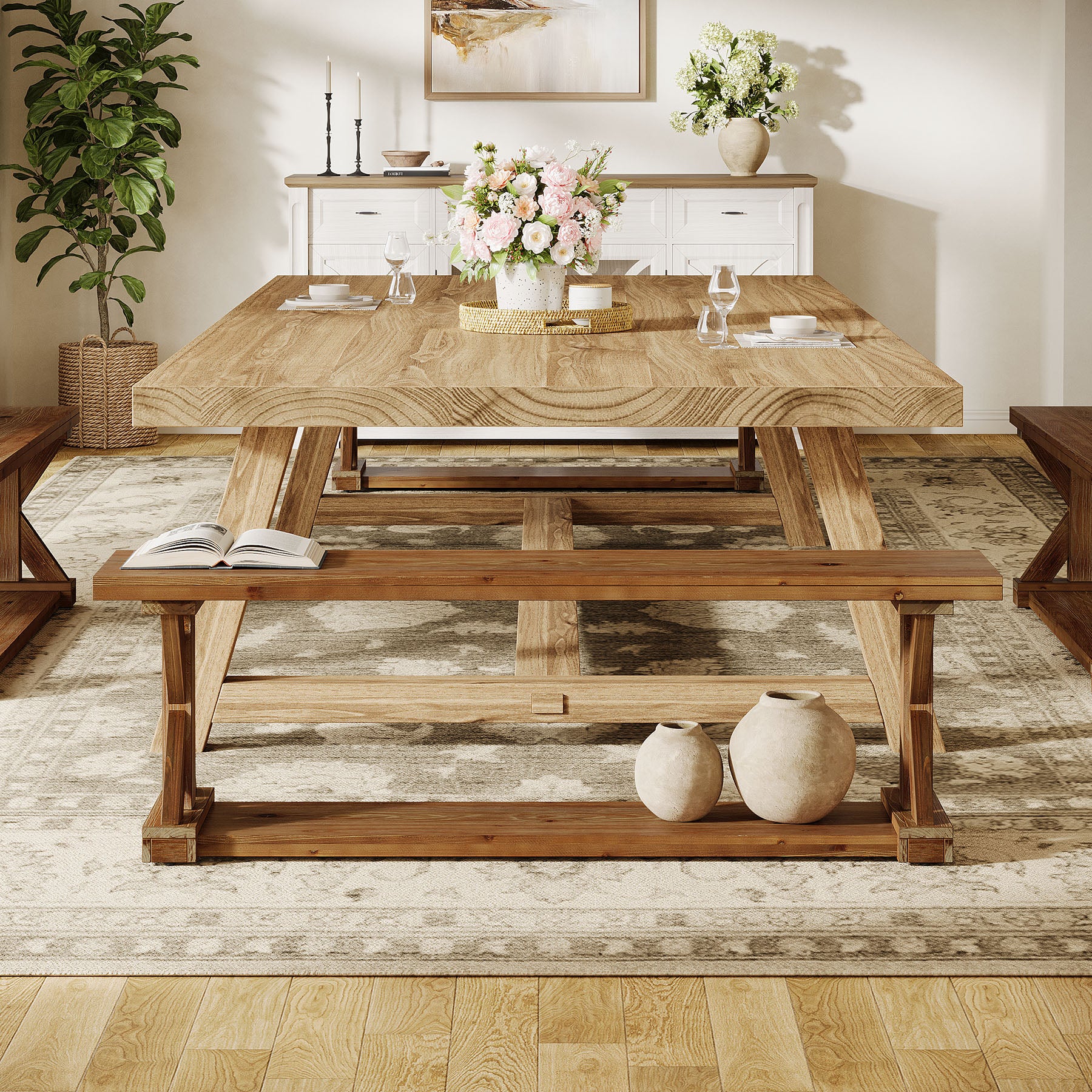 59" Solid Wood Dining Bench, 2-Tier Wooden Storage Bench for Dining Room