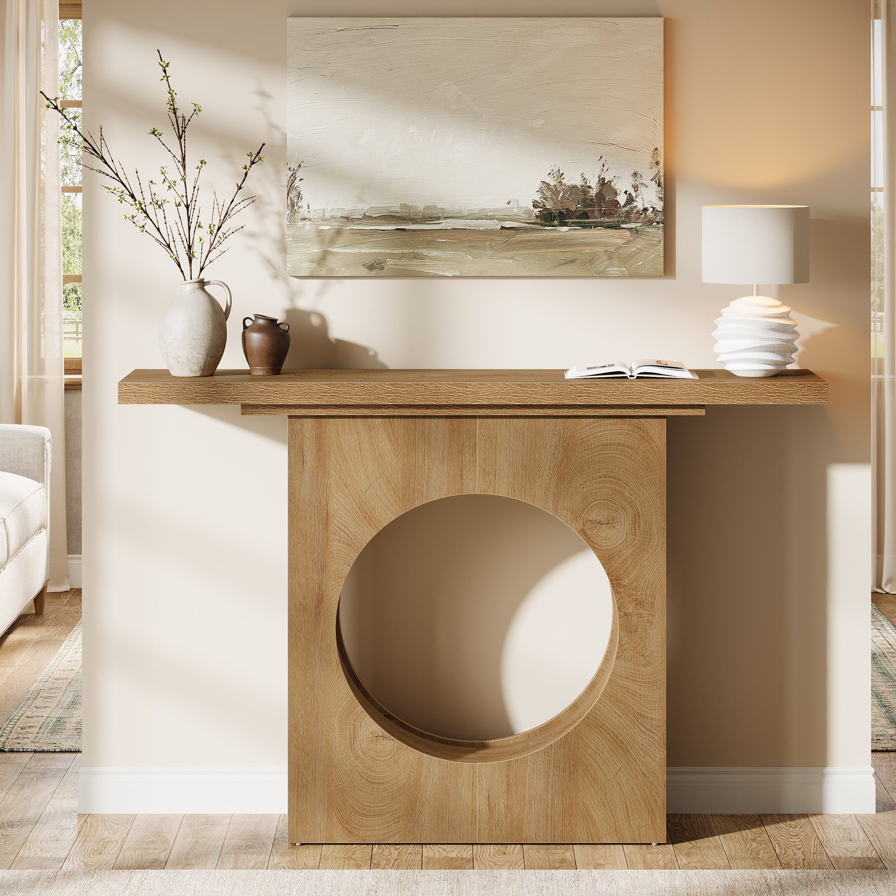 41.3" Narrow Farmhouse Console Table with Round Cutout Design, Slim Entryway Sofa Table