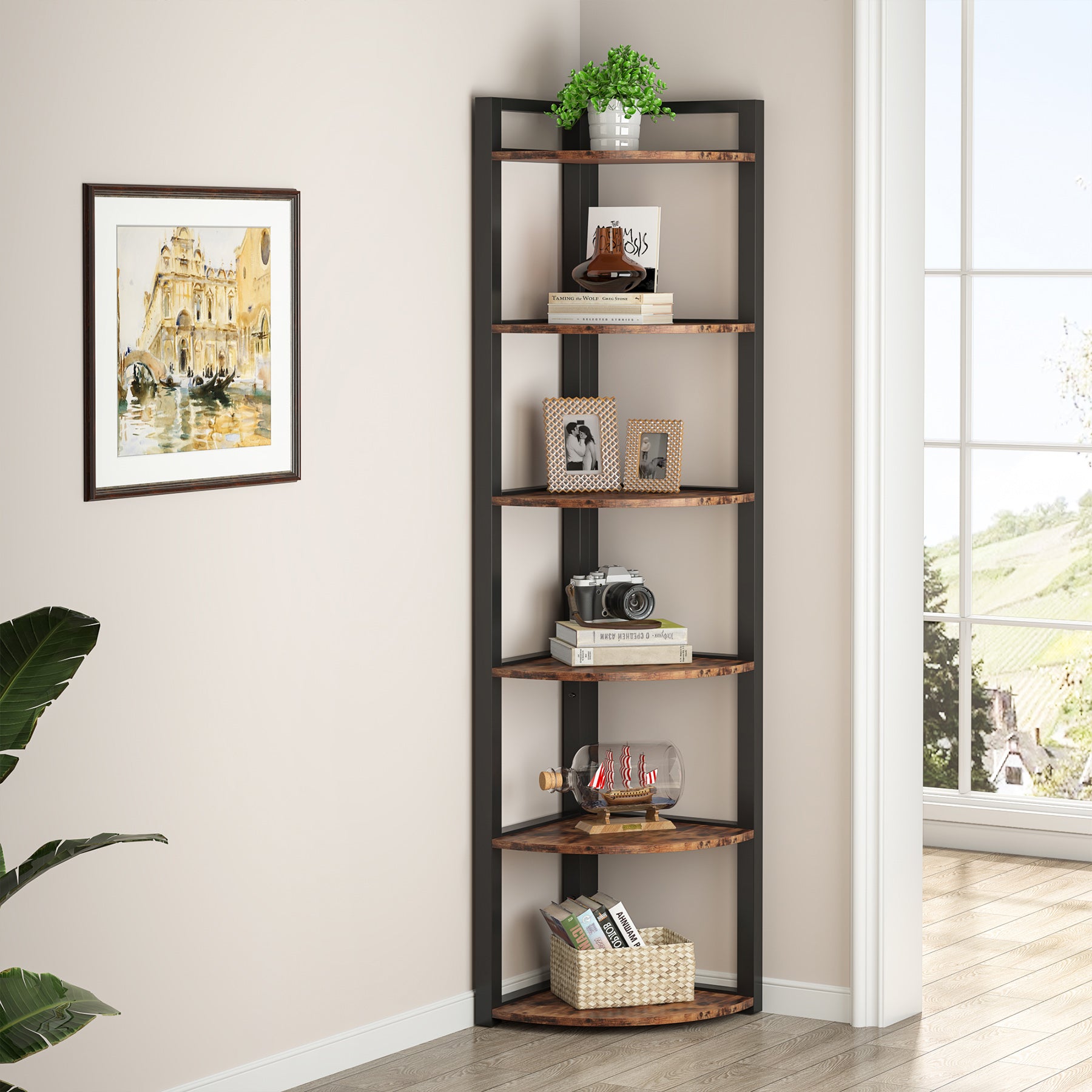 6-Tier Corner Shelf, 70.9 Inch Tall Corner Bookshelf Small Bookcase Rustic Corner Shelving Unit Storage Rack