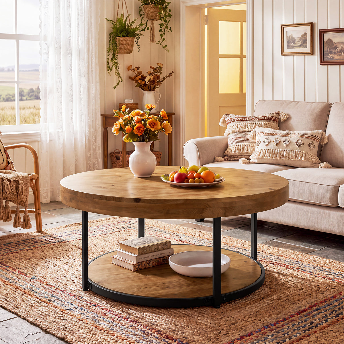 39.17" Solid Wood Round Coffee Table, 2-Tier Center Table with Metal Frame