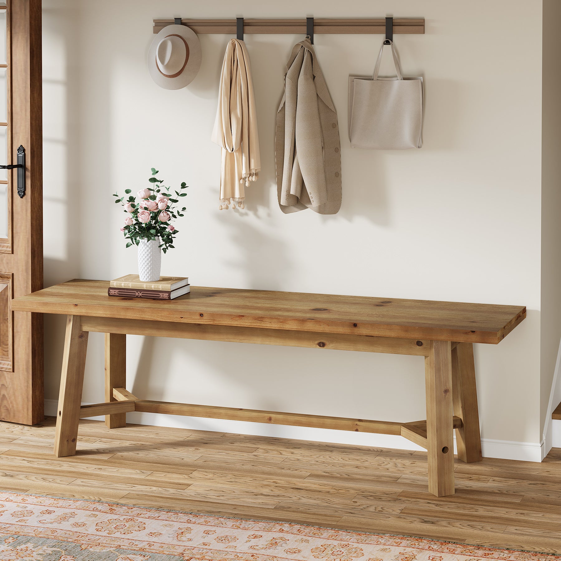 55" Solid Wood Bench, Farmhouse Long Bench Seat for Entryway