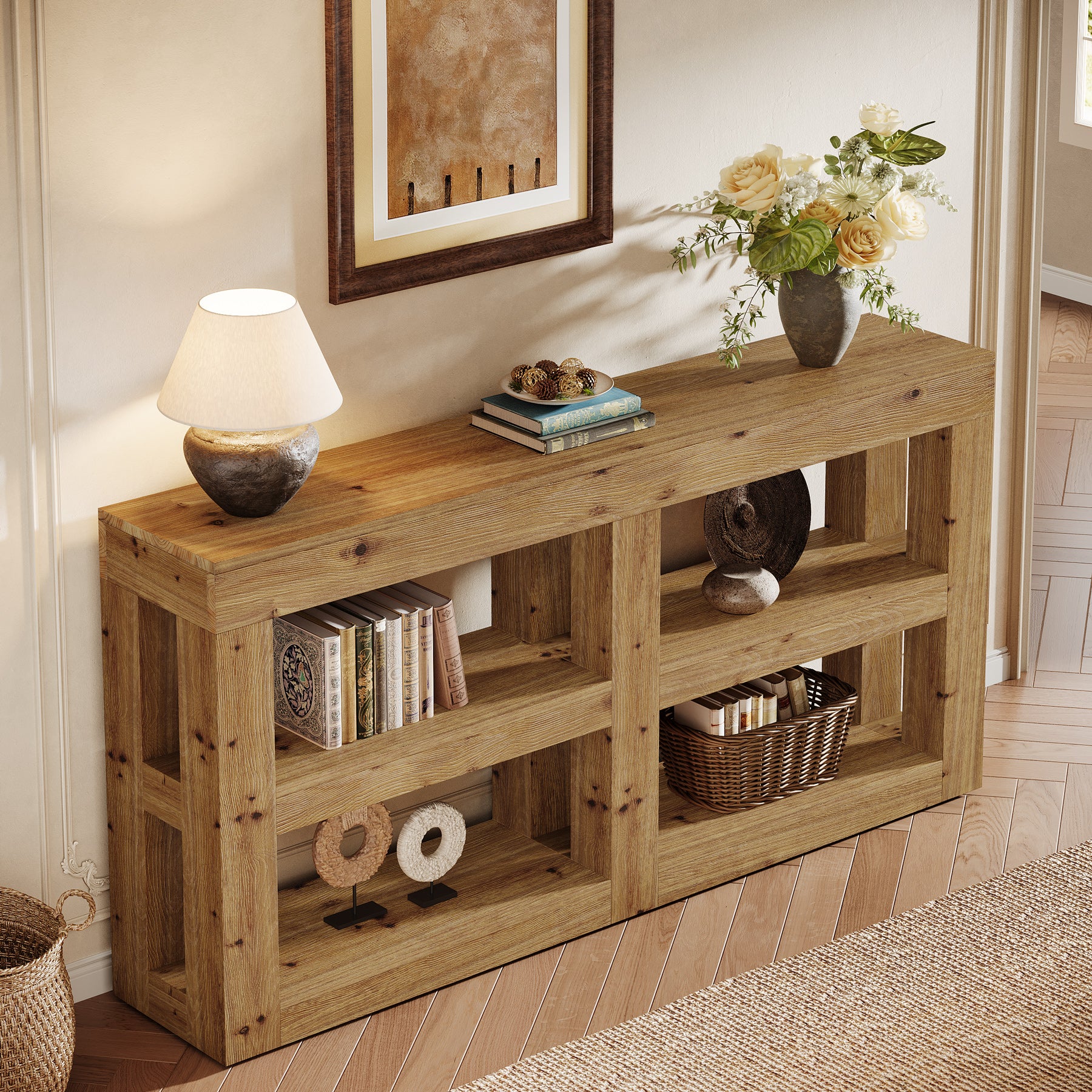 63" Solid Wood Console Table with Storage, 3-Tier Farmhouse Entryway & Sofa Table with Open Shelves