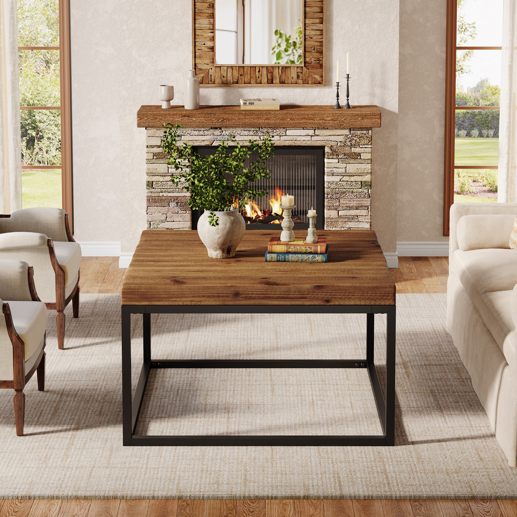 Square Solid Wood Coffee Table, 31.5" Farmhouse Center Table with Metal Frame