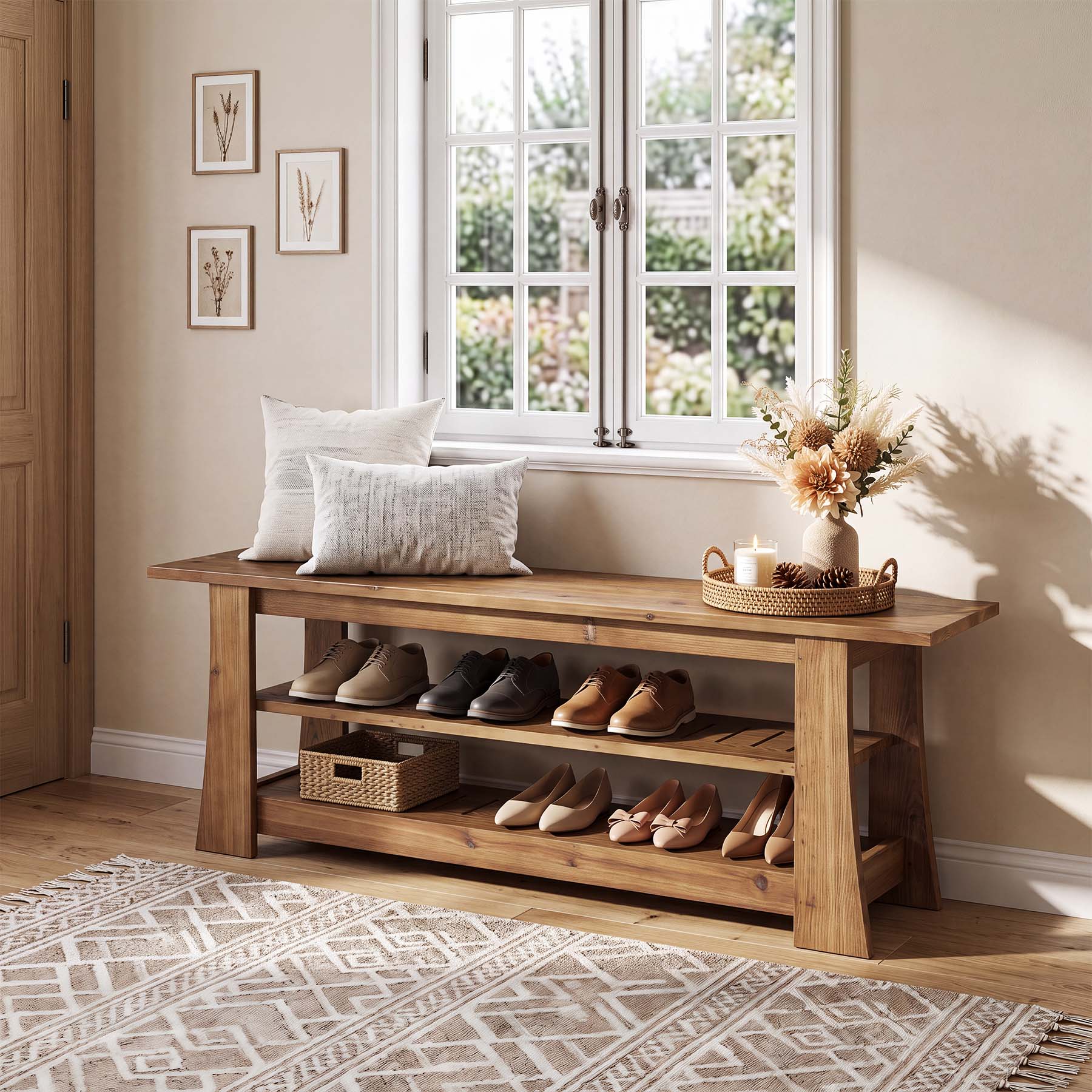 63-Inch Solid Wood Shoe Bench, Farmhouse Indoor Entryway Bench with 3-Tier Storage