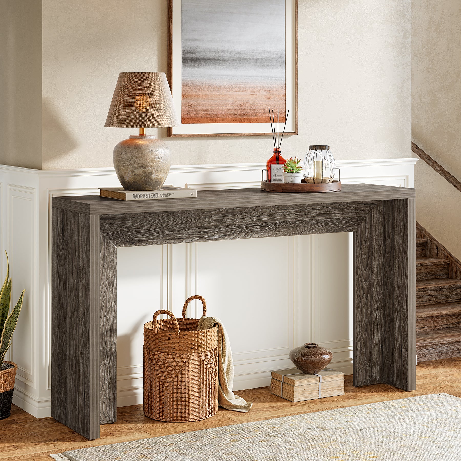 55" Farmhouse Console Table with Storage, Narrow Wooden Entryway Sofa Table for Hallway, Foyer, or Living Room