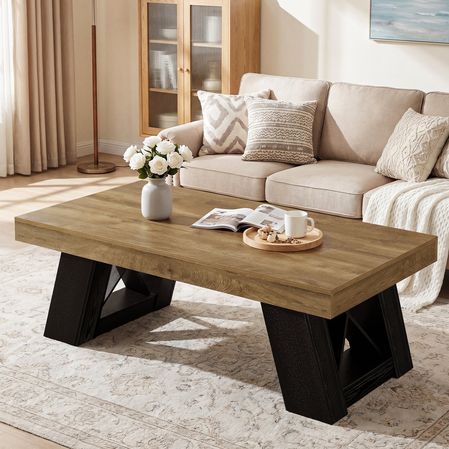 Tribesigns 55-Inch Large Coffee Table, Thick Top X-Frame Table for Living Room