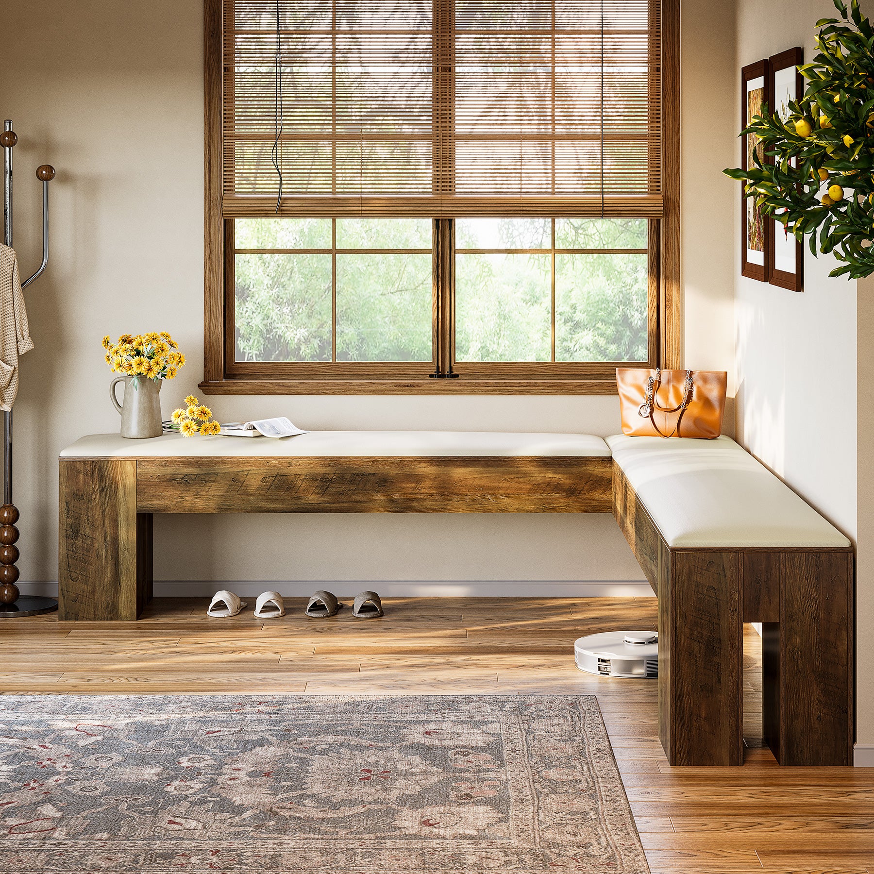 L-Shaped Bench, 61" Entryway Shoe Bench with Padded Seat Cushion