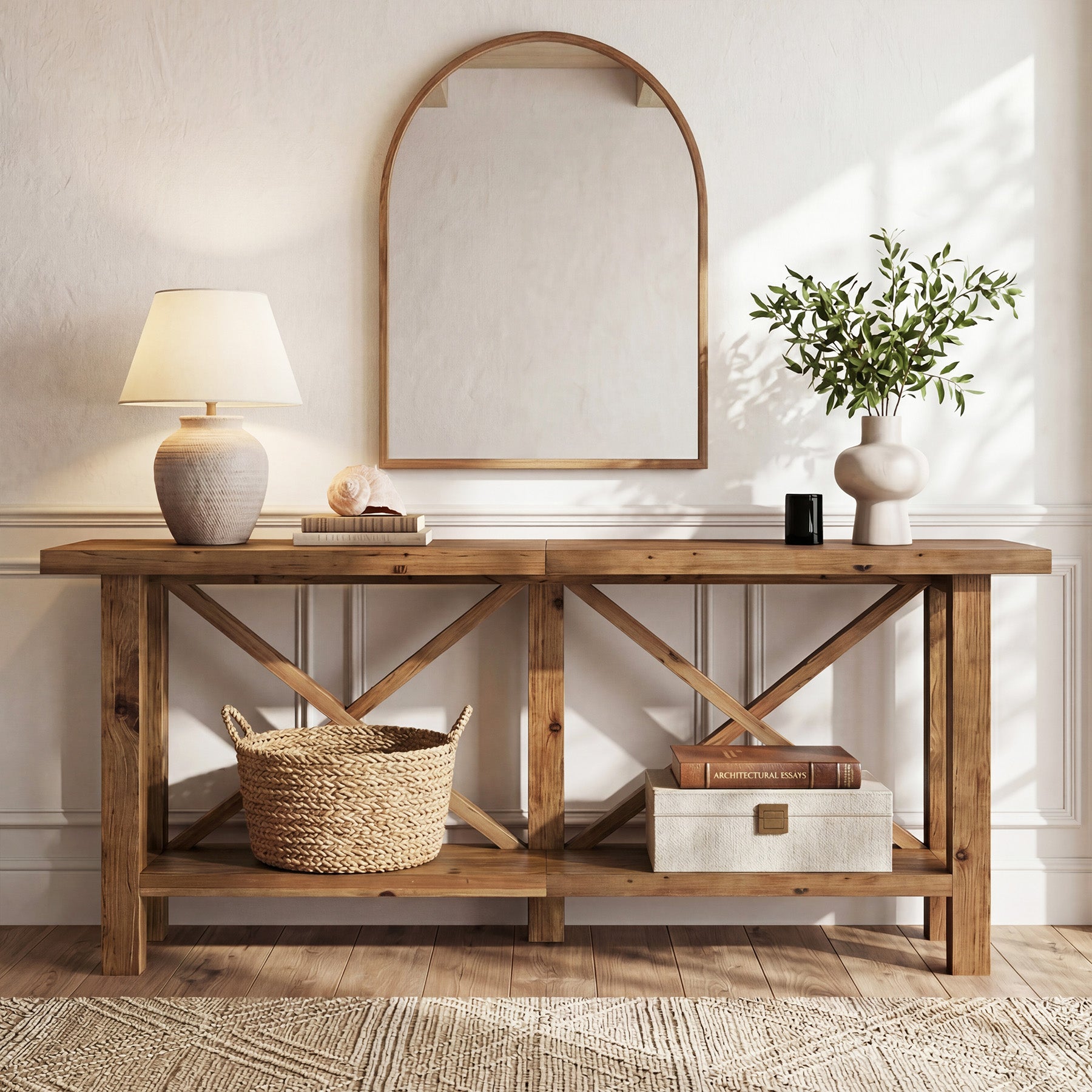 70.87" Solid Wood Console Table with Storage, Farmhouse Narrow Entryway & Sofa Table with X-Frame
