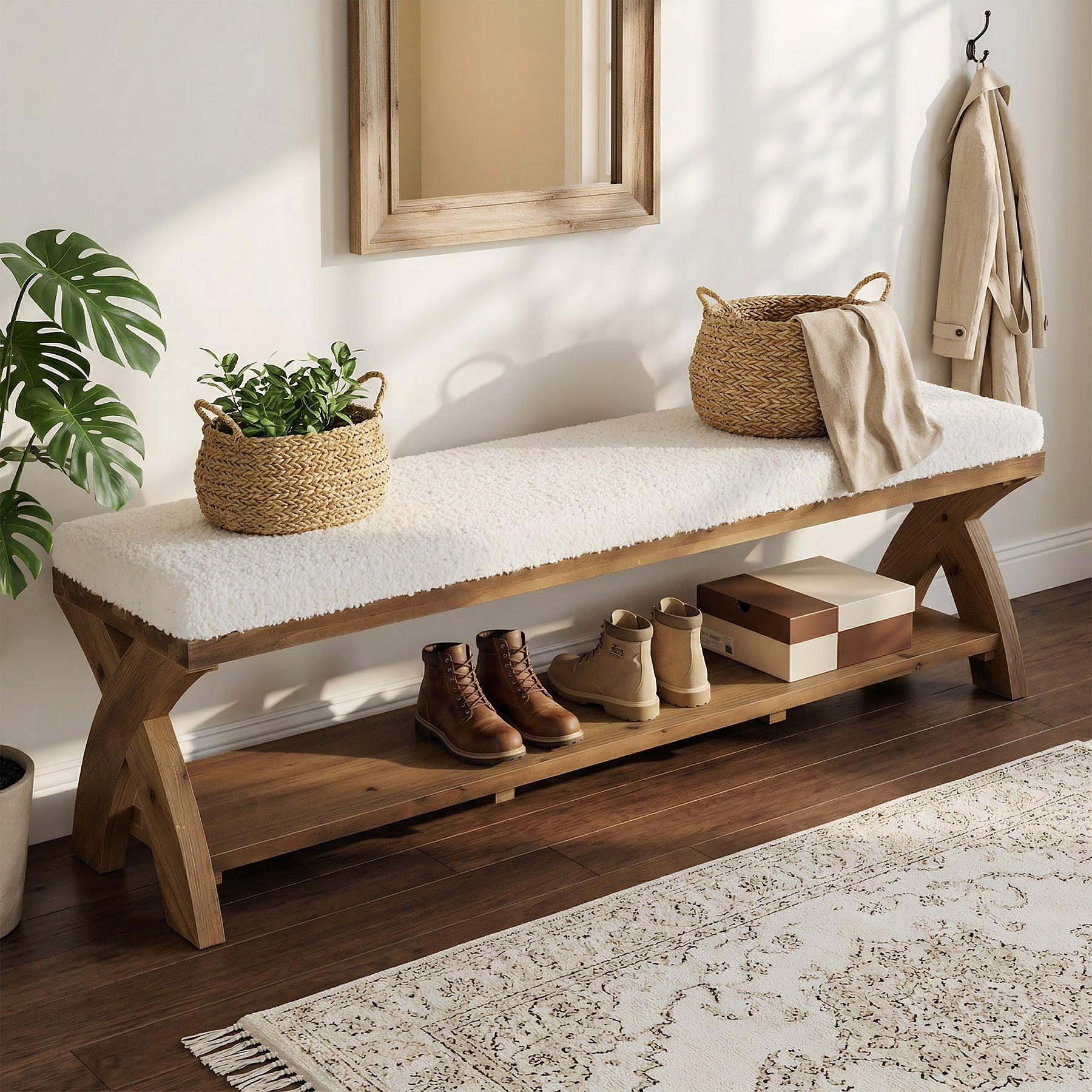 Solid Wood Upholstered Shoe Bench, Entryway Bench with Padded Seat and Storage Shelf
