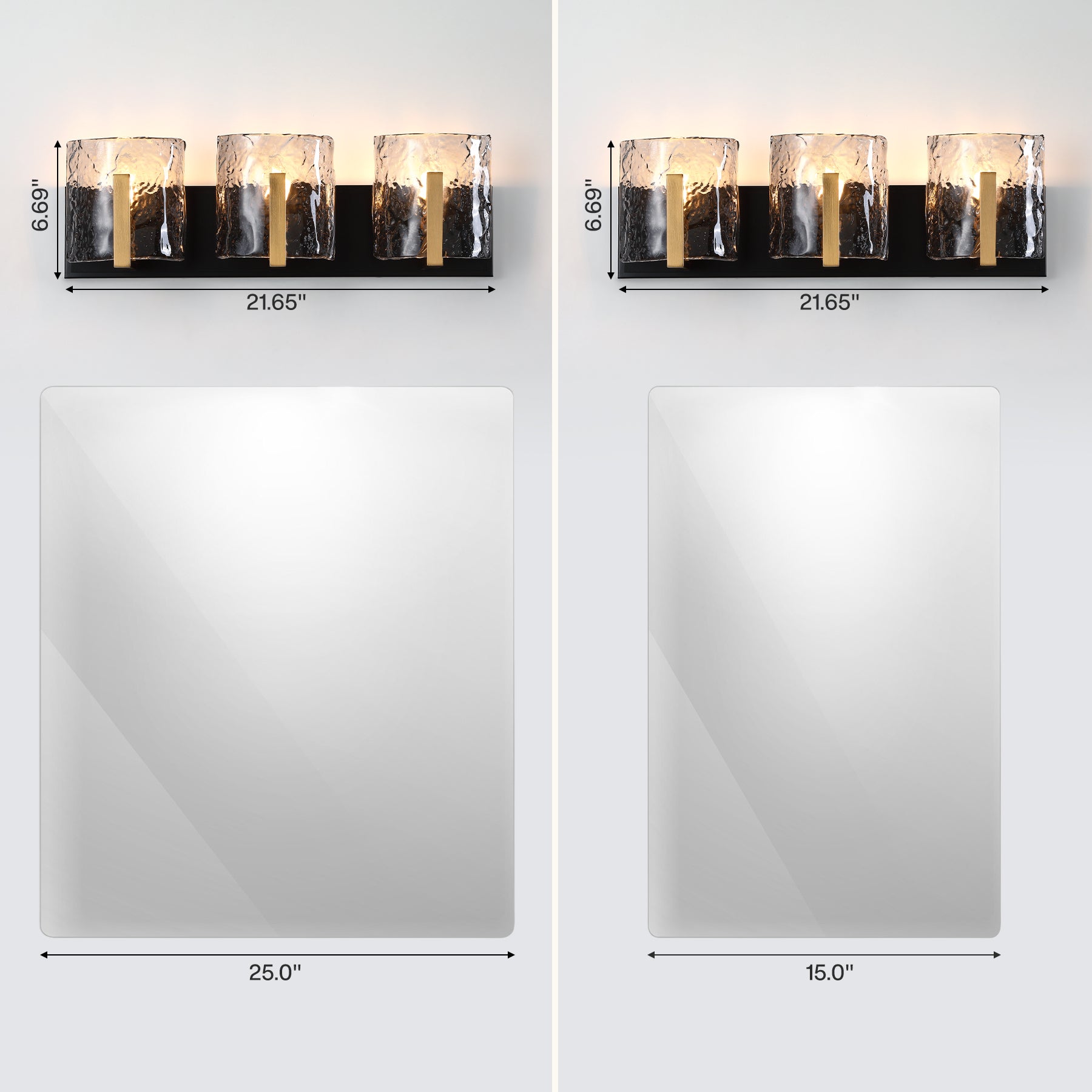 3‑Light Bathroom Light Fixtures, Modern Vanity Light with Smoky Gray Water Ripple Glass