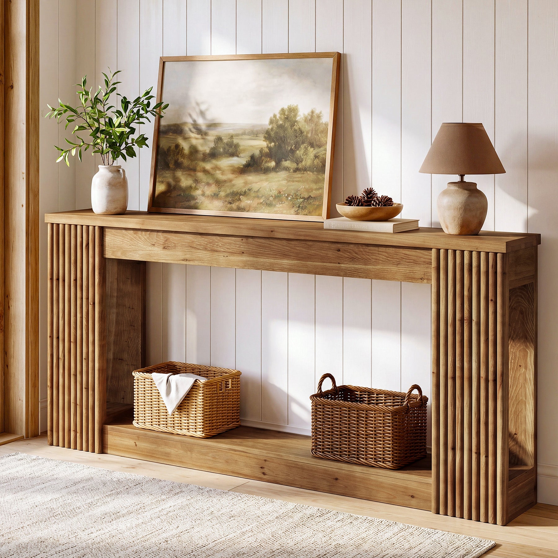 63" Solid Wood Console Table with Storage Shelf, Farmhouse Entryway Table with Fluted Legs