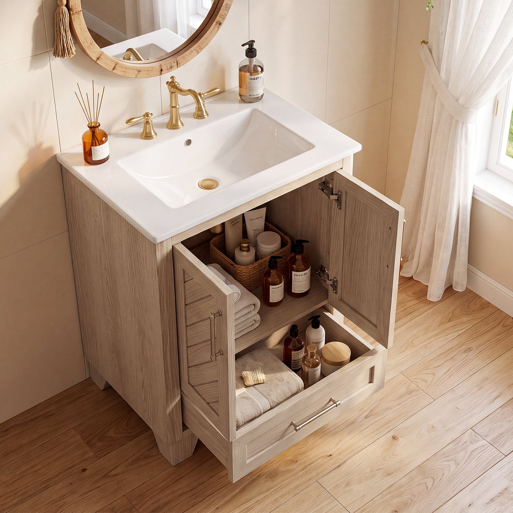 24" Bathroom Vanity, Modern Bathroom Cabinet with Sink & Carved Doors