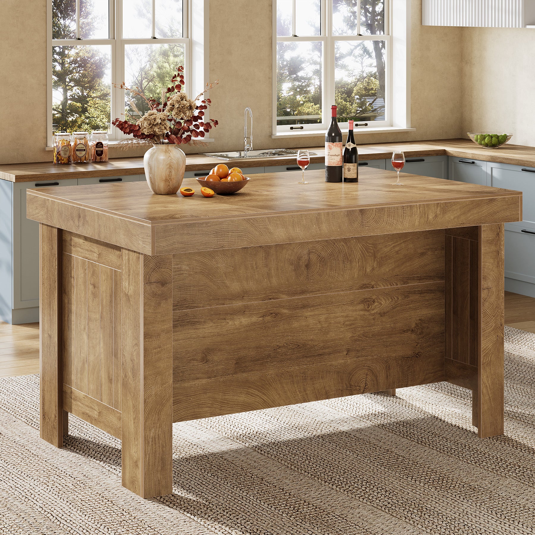 55" Kitchen Island Table, Farmhouse Counter Height Bar Table with Storage Shelves