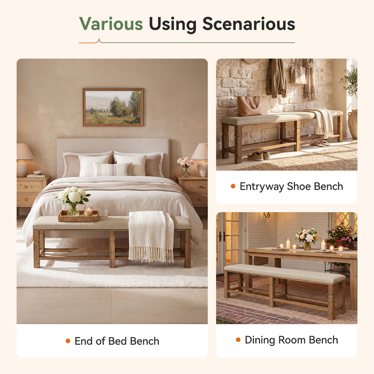 70.87" Upholstered Solid Wood Dining Bench with Linen Fabric Cushion