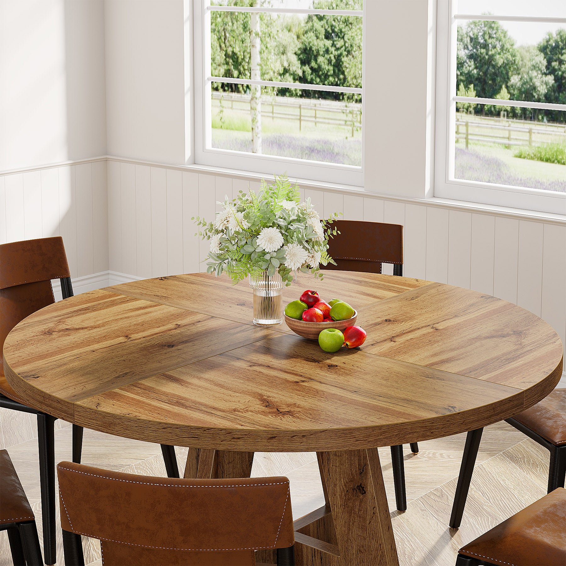 47" Round Farmhouse Dining Table for 4 People, Rustic Dining Room Table