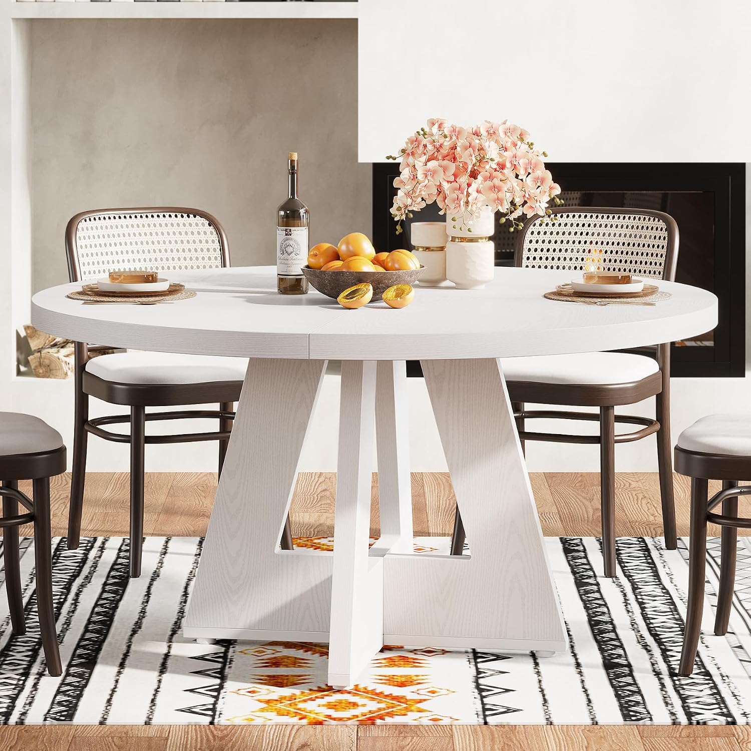 47-Inch Round Farmhouse Dining Table for 4–6 with Cross-Style Pedestal Base
