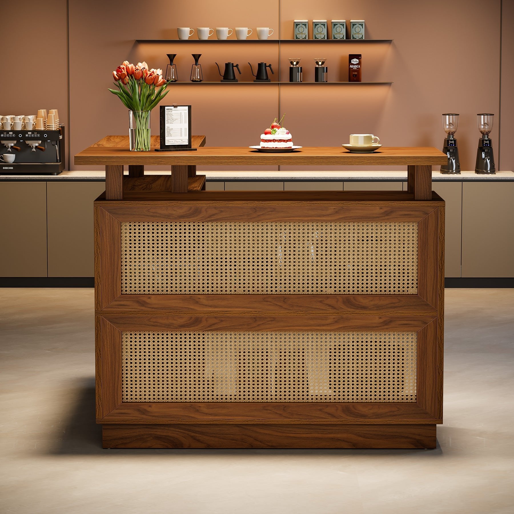 L-Shaped Home Bar Unit, Rattan Bar Table Liquor Cabinet with 4-Tier Storage Shelf