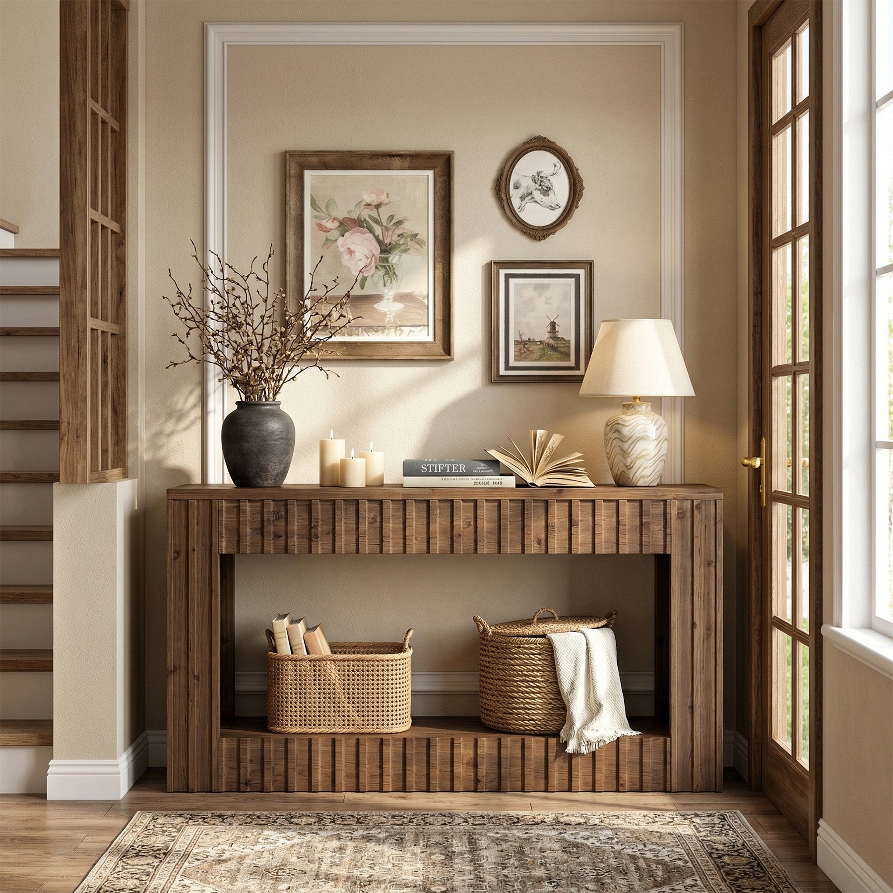 63" Solid Wood Sofa Table, Rustic Console Table with Open Shelf for Entryway, Hallway, or Behind Couch