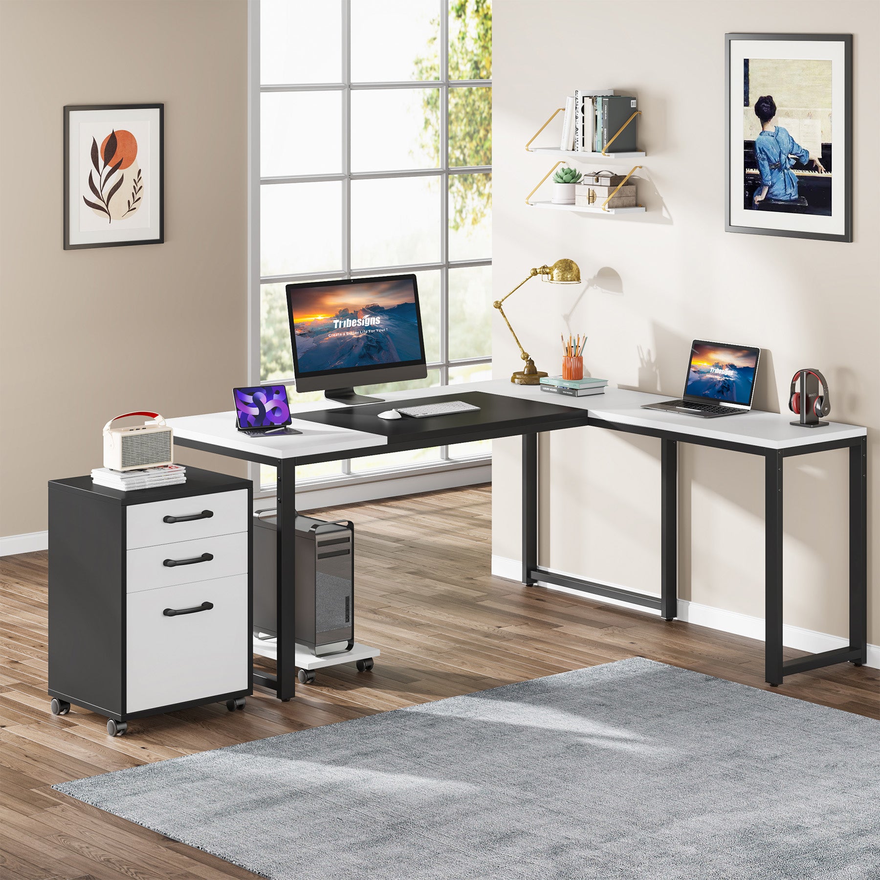 L-Shaped Computer Desk, 63" Executive Desk with Mobile File Cabinet