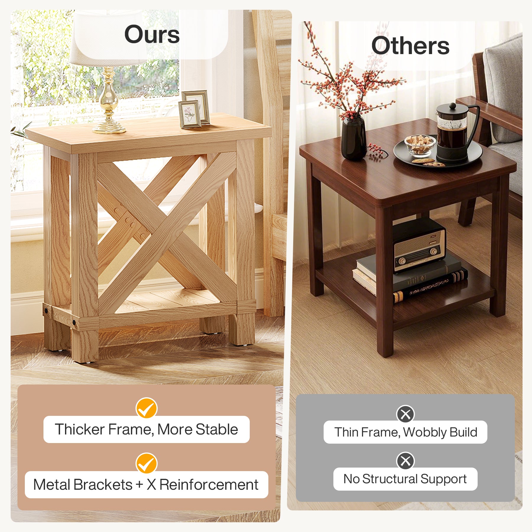 25" End Table, Farmhouse Bed Side Table with X Shape Frame