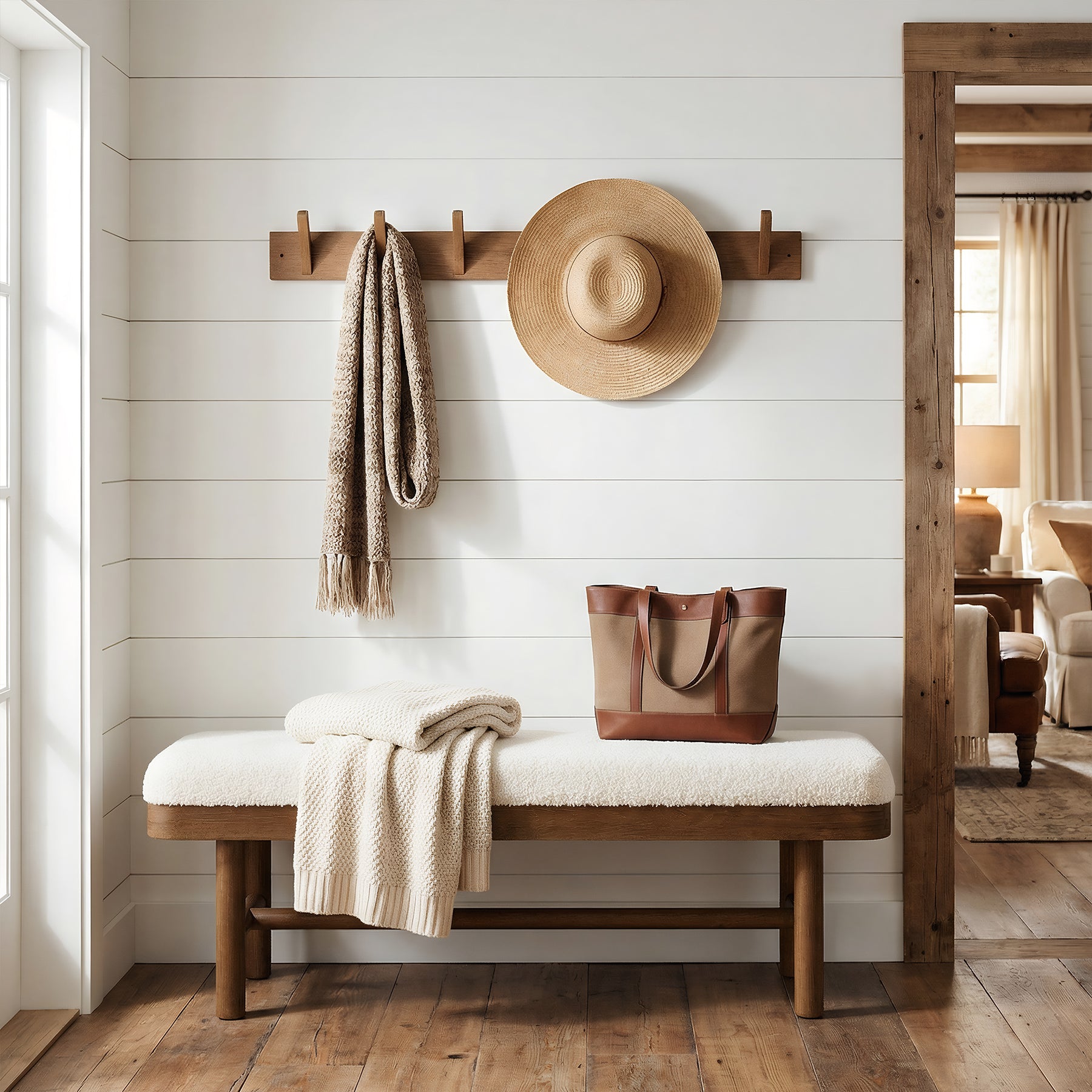 Solid Wood Shoe Bench, 55" Upholstered Entryway Bench with Removable Cushion