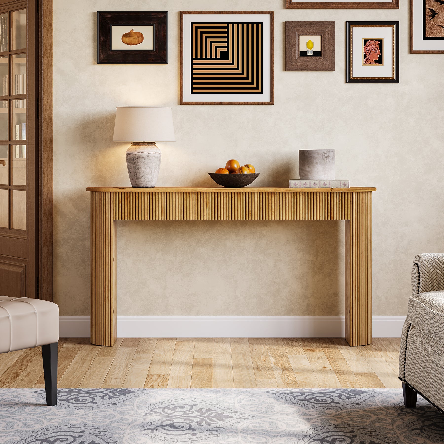 Solid Wood Console Table, 63" Retro Entryway Table with Vertical Fluted Stripes