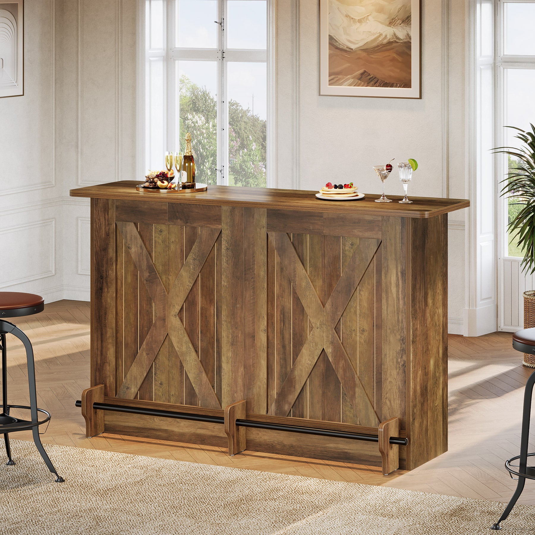 63" Home Bar Unit, 2-Tier Bar Table Coffee Cabinet with Footrest