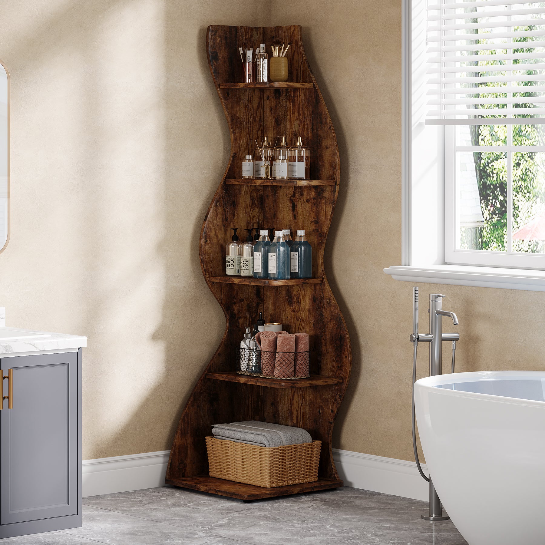 Wavy Corner Shelf, 5-Tier Bookshelf Bookcase Display Rack