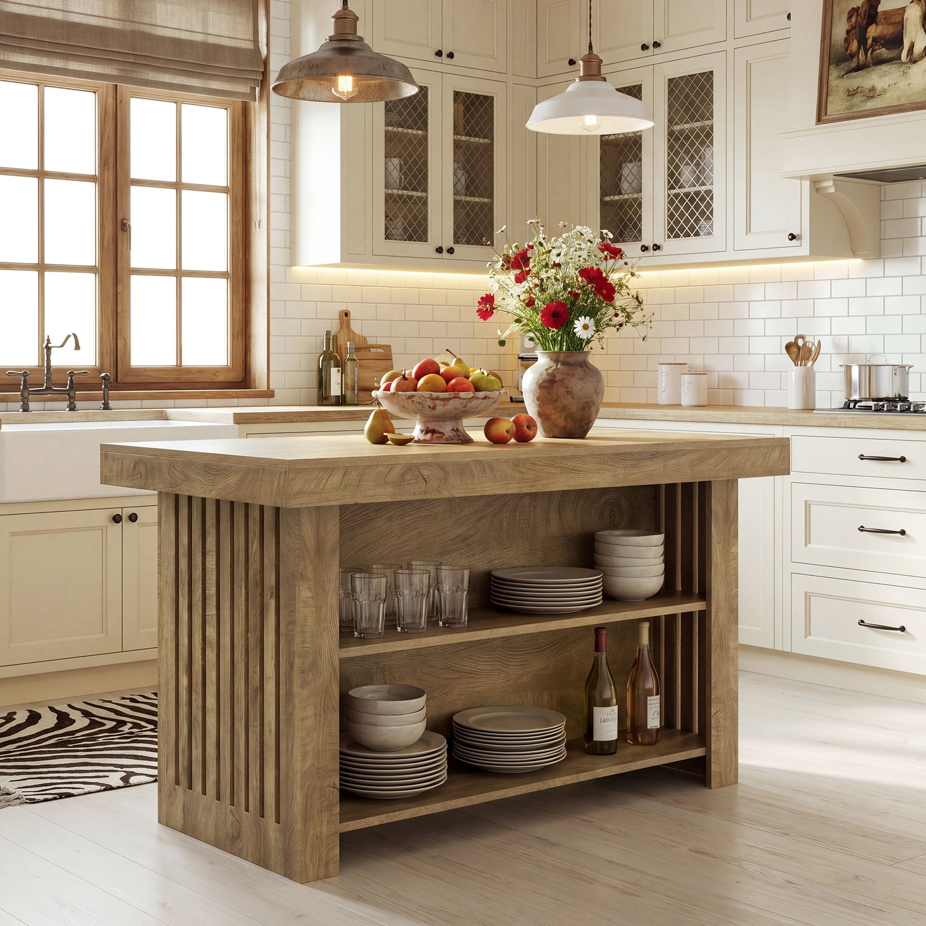 63" Farmhouse Island Table, Large Kitchen Counter with Open Shelves for Dining Room