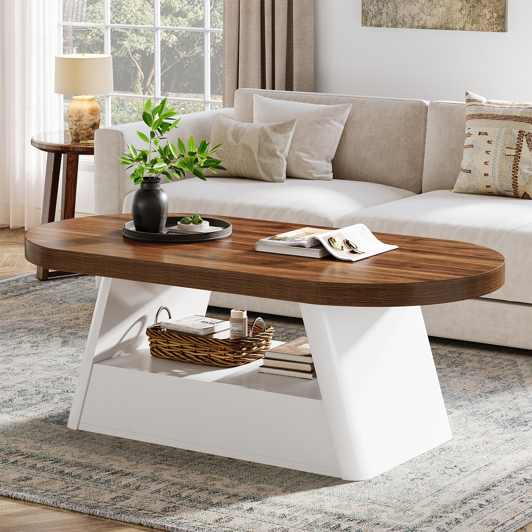 47" Oval Coffee Table, Modern Center Tea Table with 2-Tier Storage