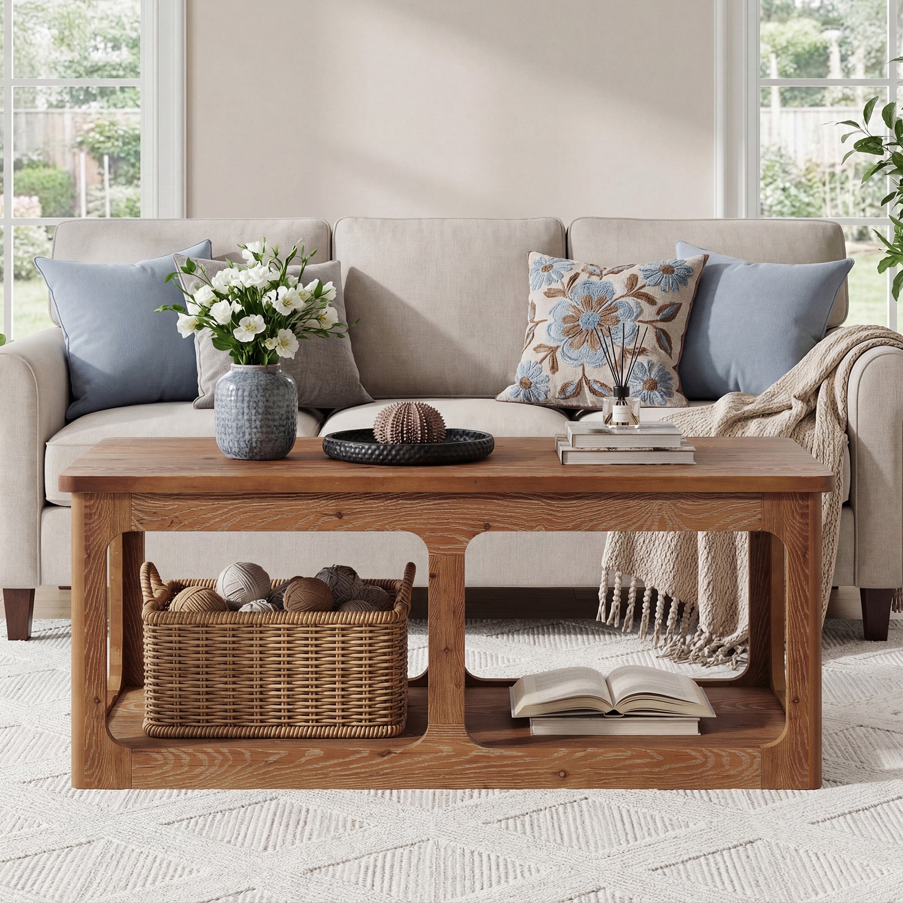 47.2" Rectangle Coffee Table, 2-Tier Solid Wood Center Table Cocktail Tea Table